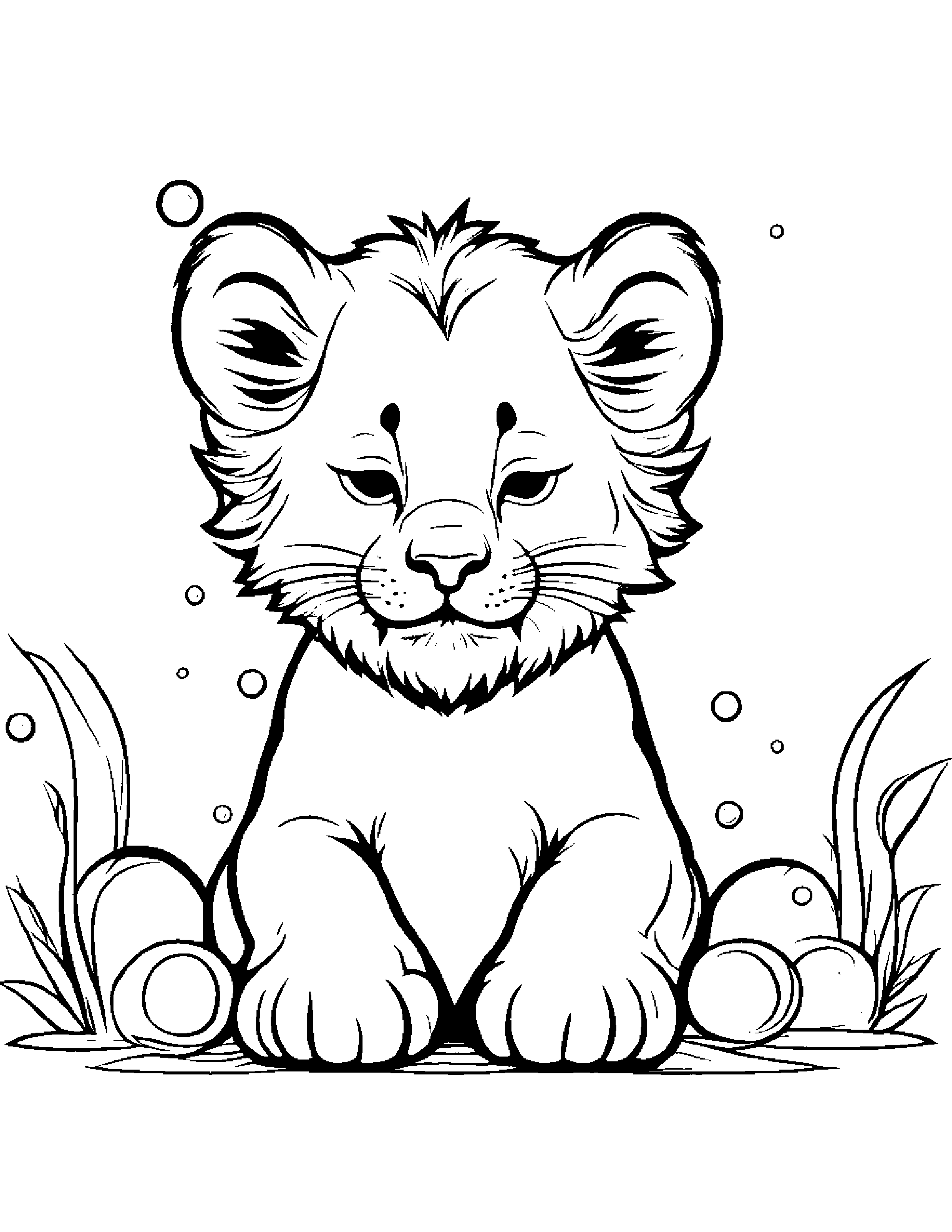 Sleepy Lion Cub Blowing Bubbles #2 Coloring Page (Free Printable PDF)