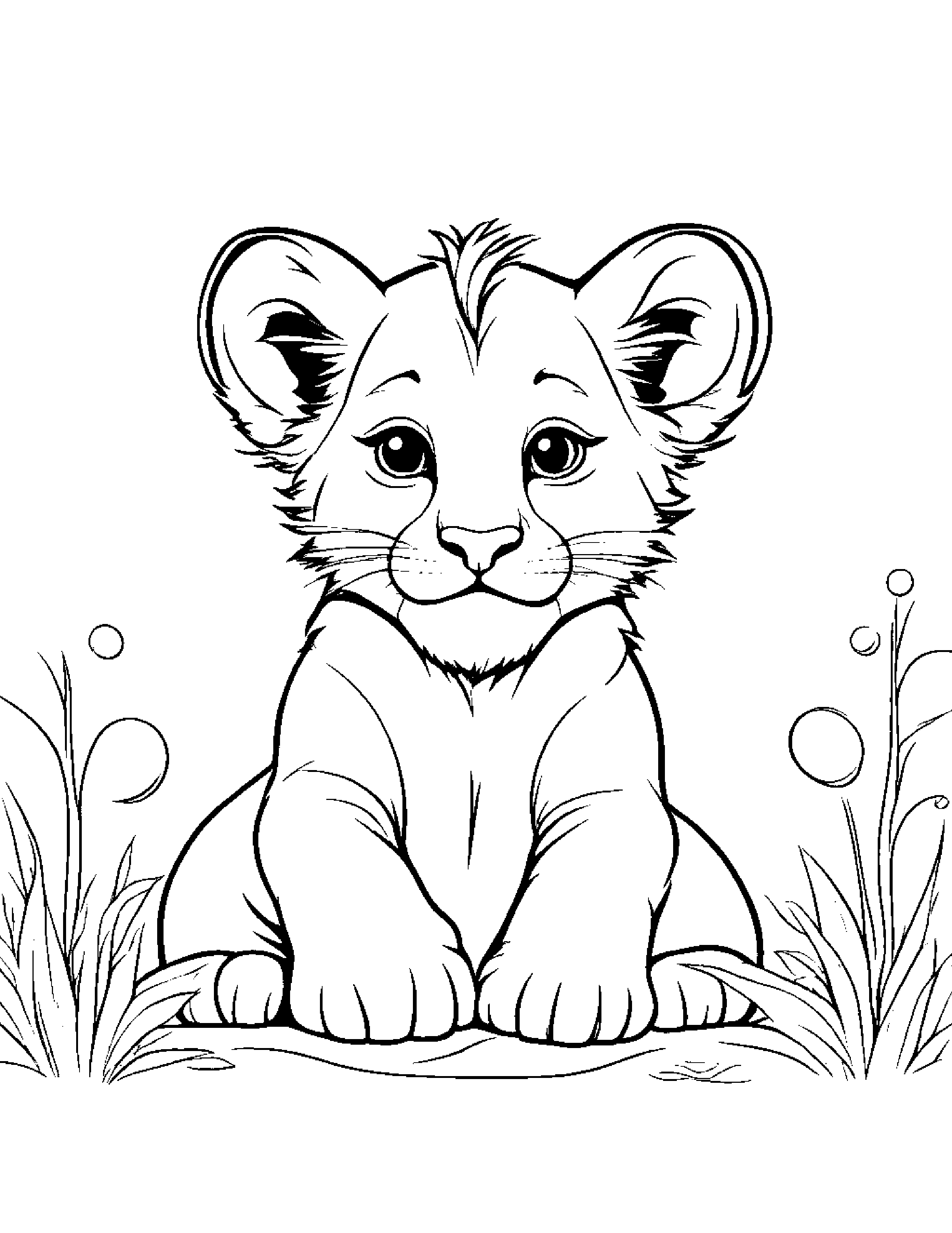 Sleepy Lion Cub Blowing Bubbles Coloring Page (Free Printable PDF)