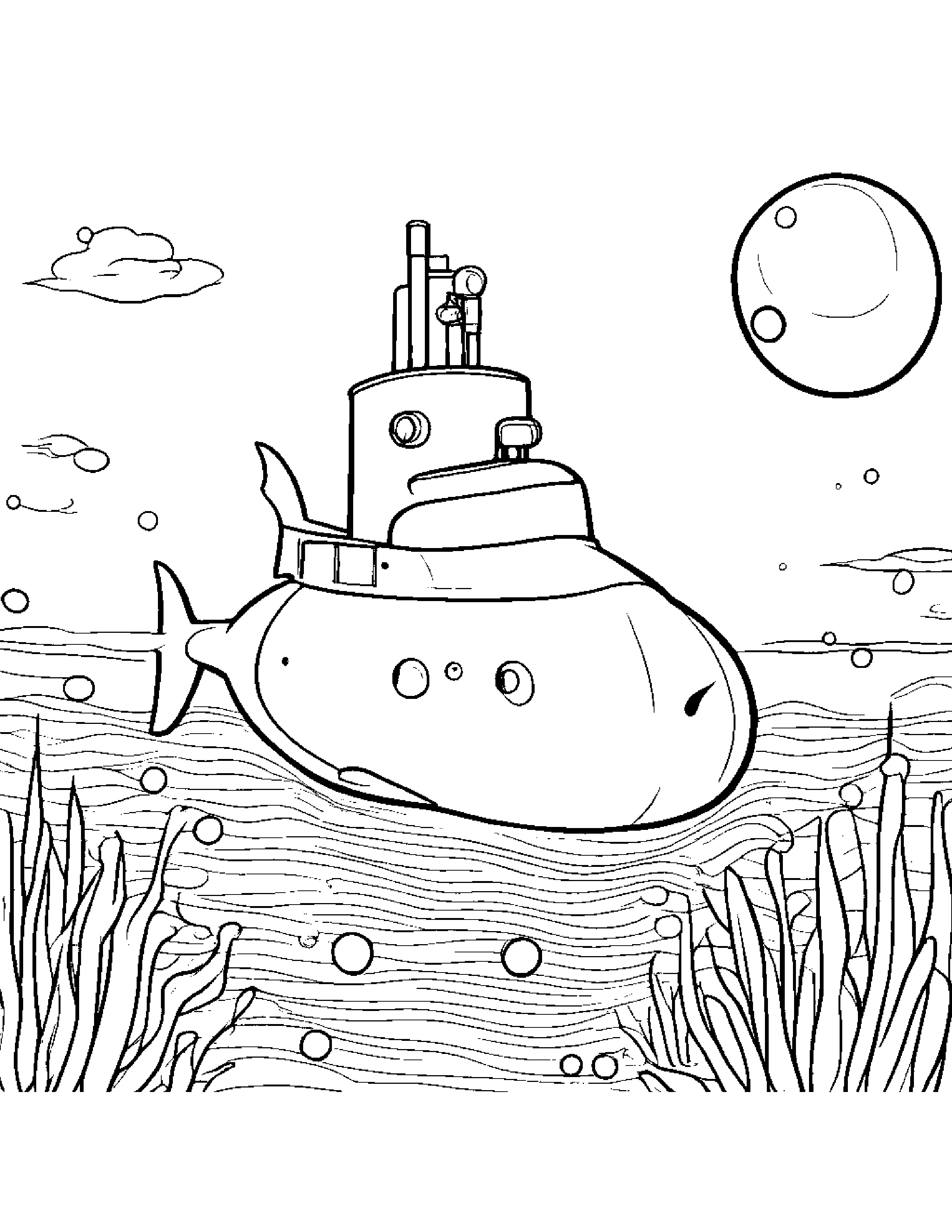 Submarine Blowing Bubbles Coloring Page (Free Printable PDF)