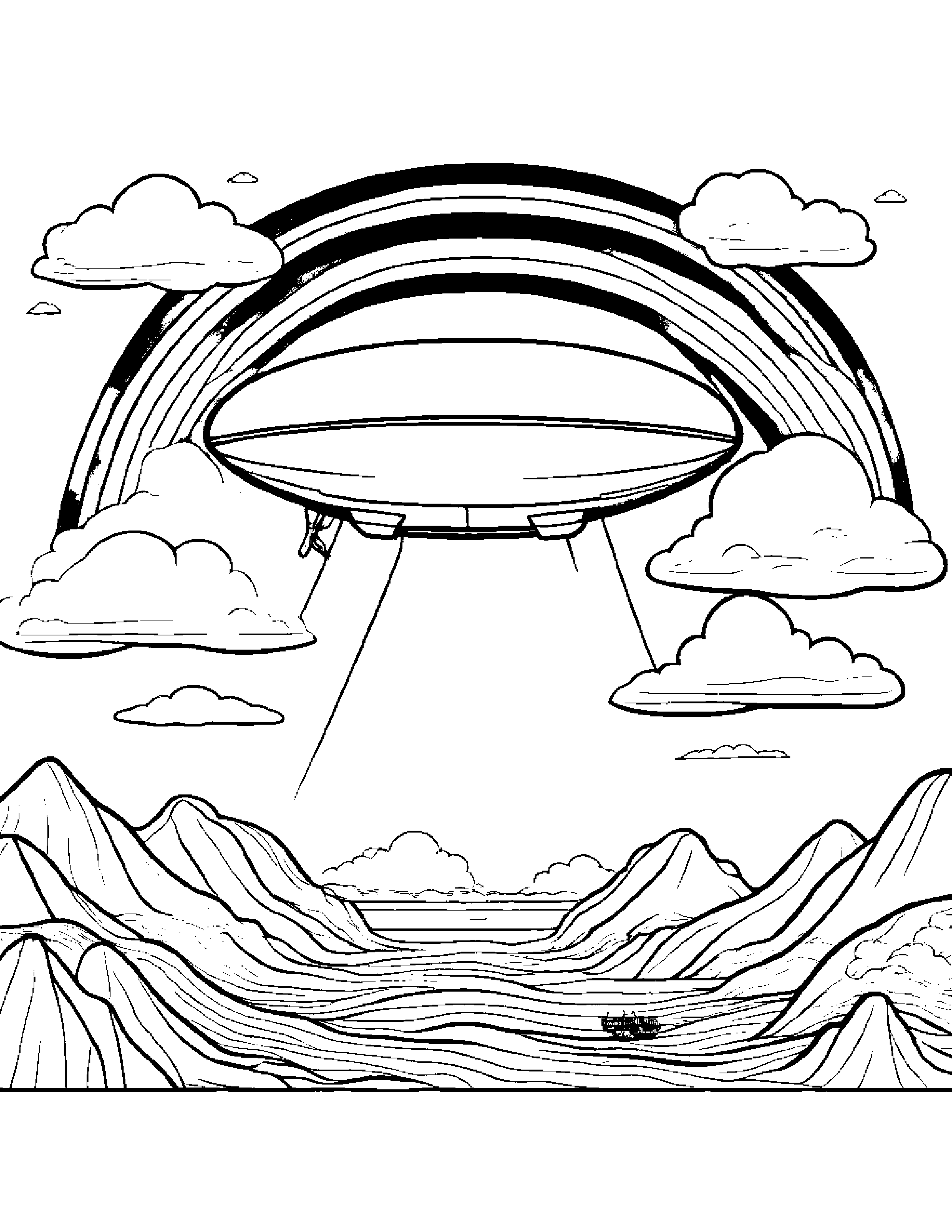 A Cloud-Shaped Zeppelin Floating Over A Rainbow-Colored Landscape Coloring Page (Free Printable PDF)