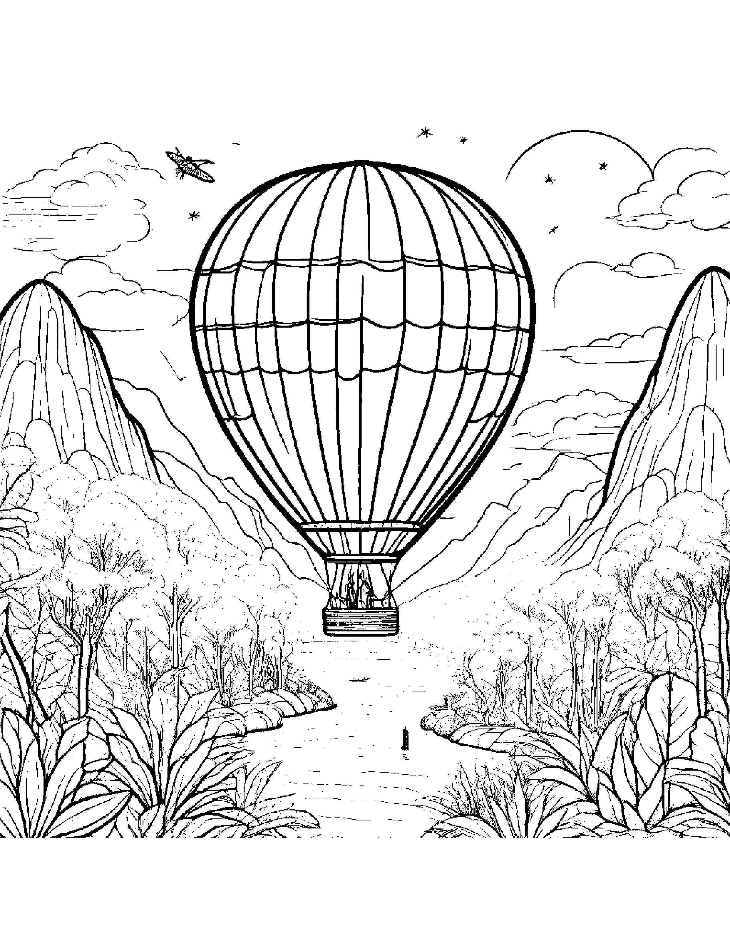 A Firefly-Powered Hot Air Balloon Over A Moonlit Jungle Coloring Page (Free Printable PDF)