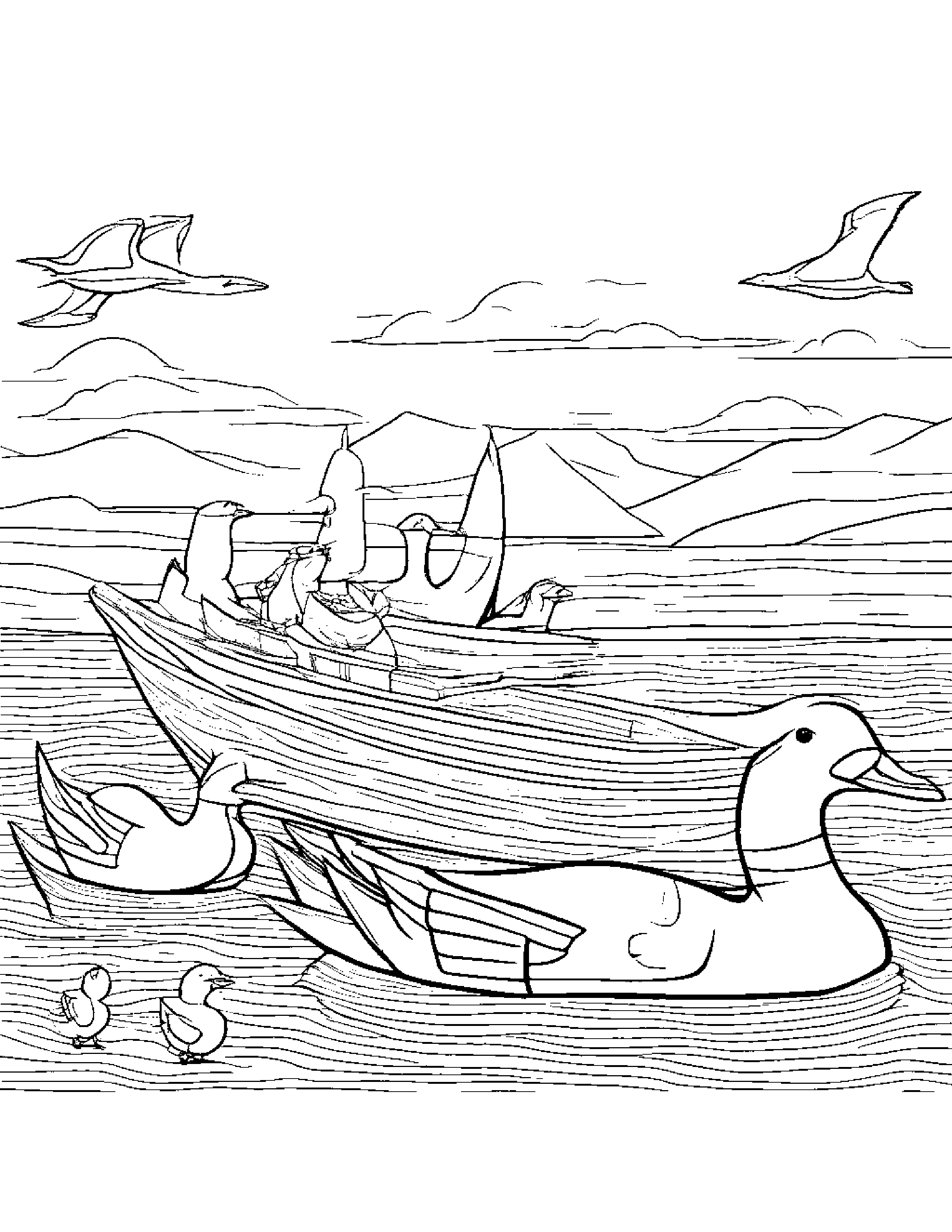 A Flock Of Robotic Geese Pulling A Wooden Boat Coloring Page (Free Printable PDF)