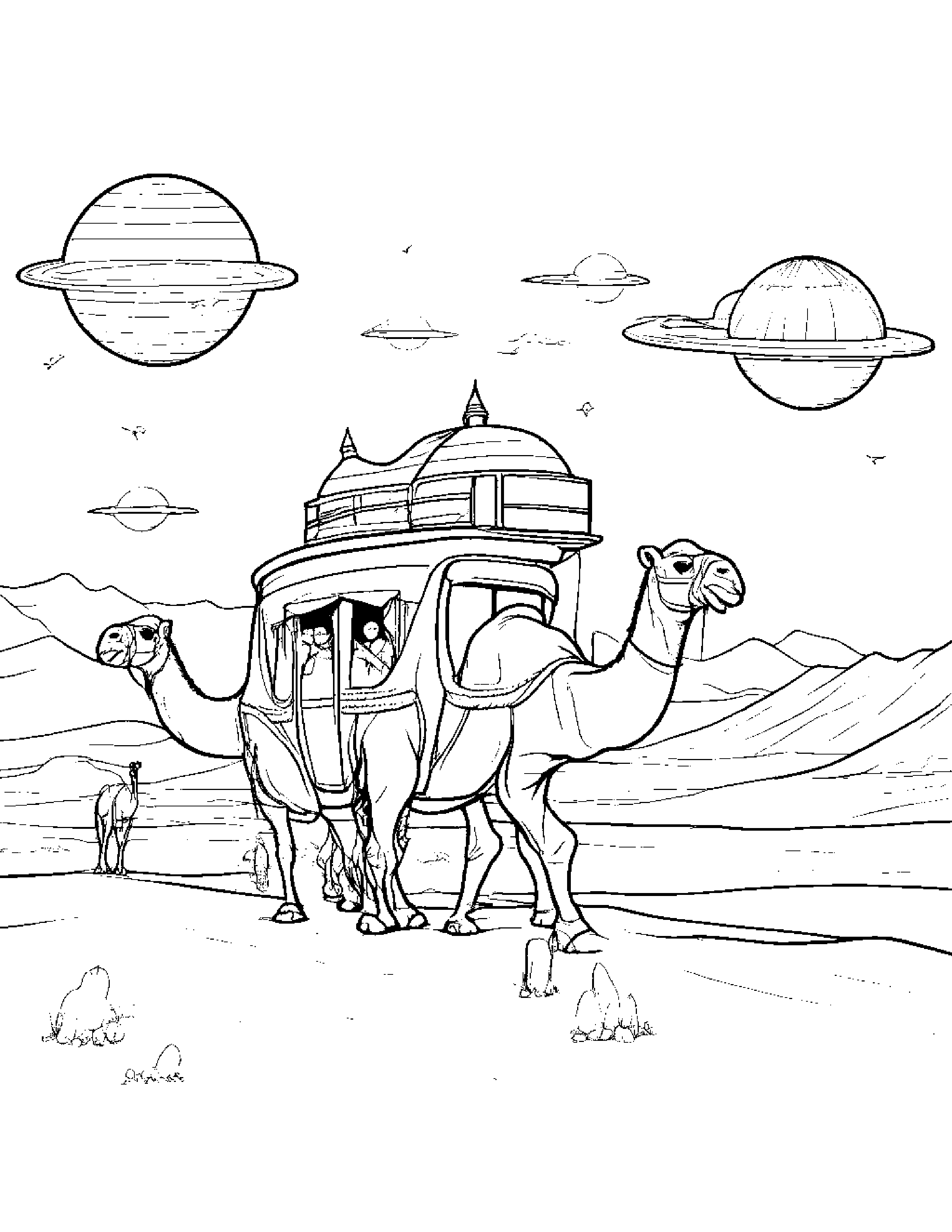 A Flying Caravan Pulled By Camels Wearing Aviator Glasses Coloring Page (Free Printable PDF)