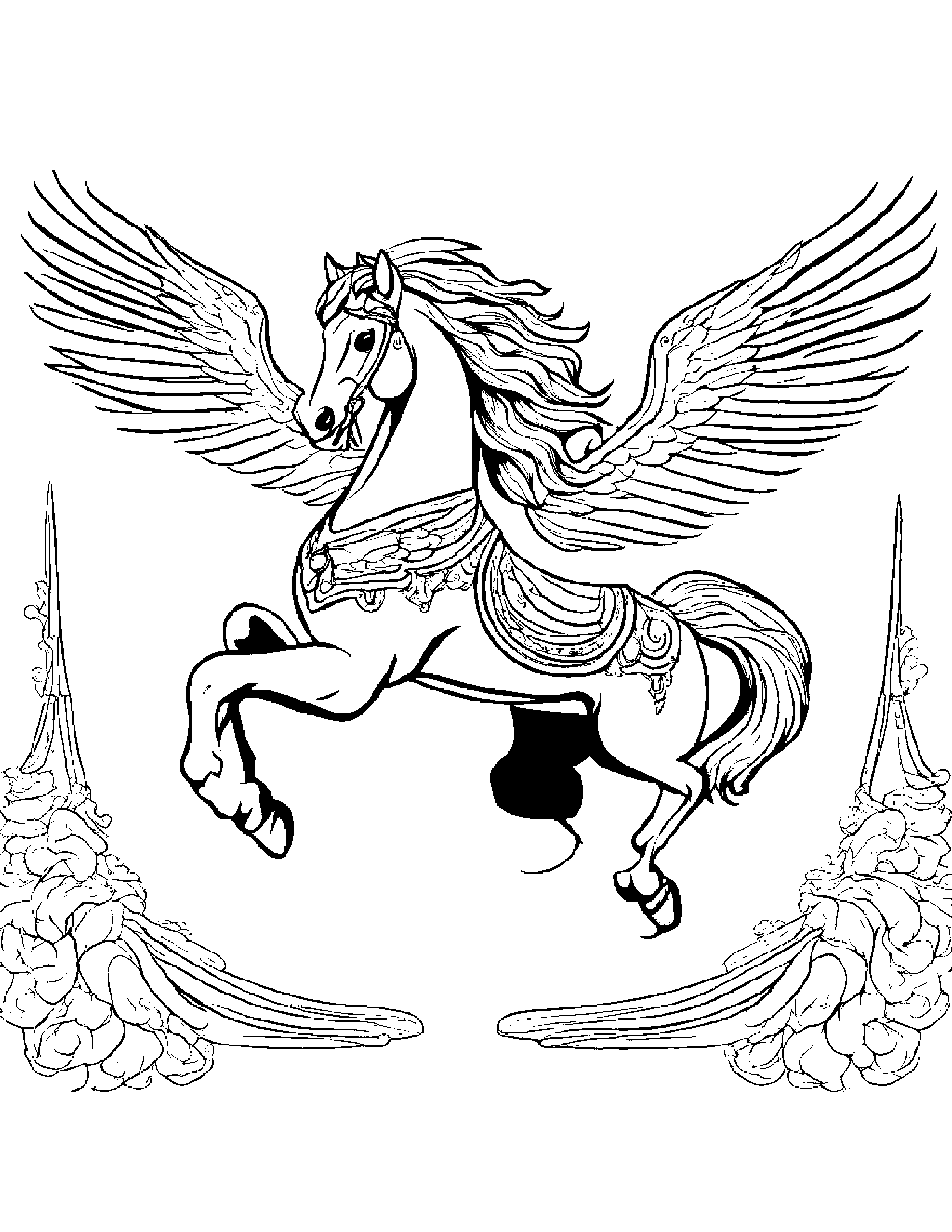 A Flying Carousel Horse With Wings Coloring Page (Free Printable PDF)