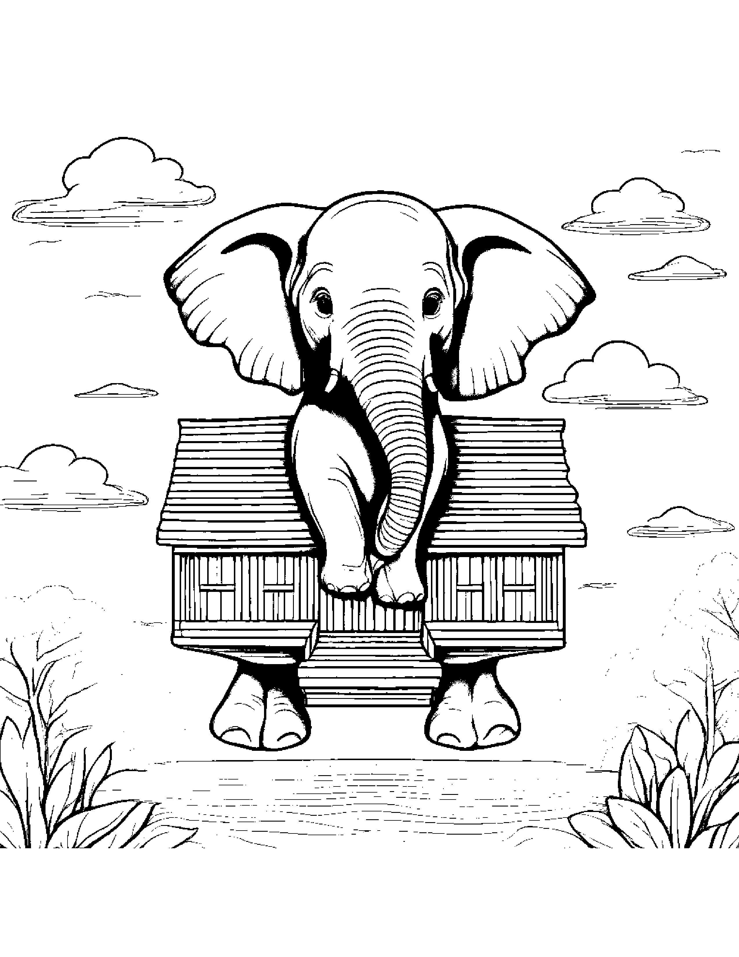 A Flying Elephant Carrying A Small Wooden House On Its Back Coloring Page (Free Printable PDF)