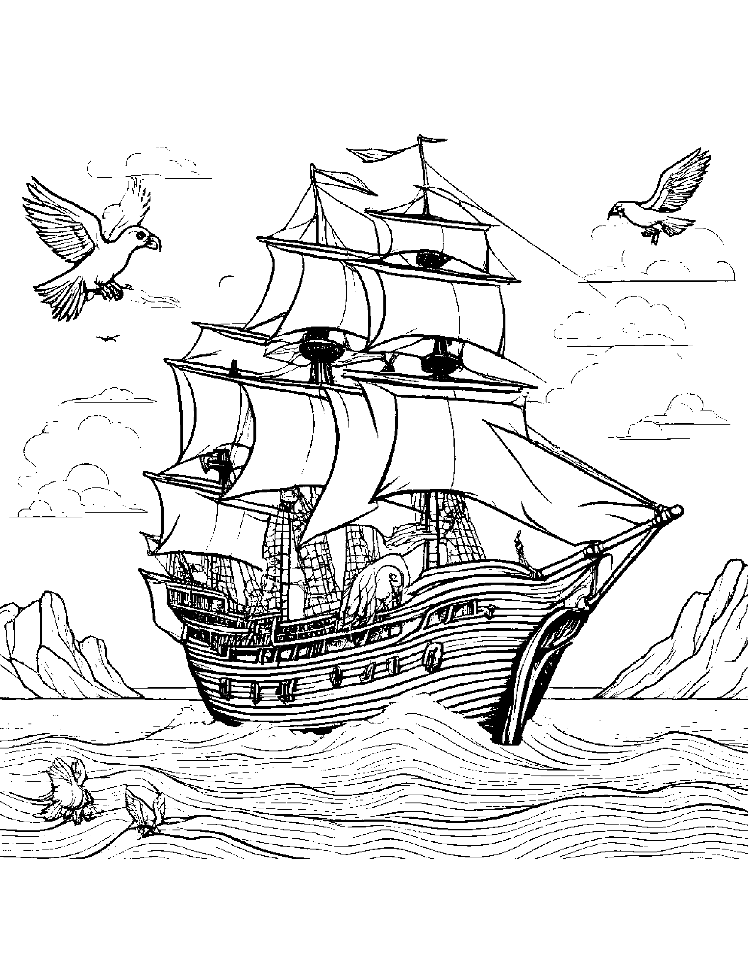 A Flying Pirate Ship With Talking Parrots As The Crew Coloring Page (Free Printable PDF)