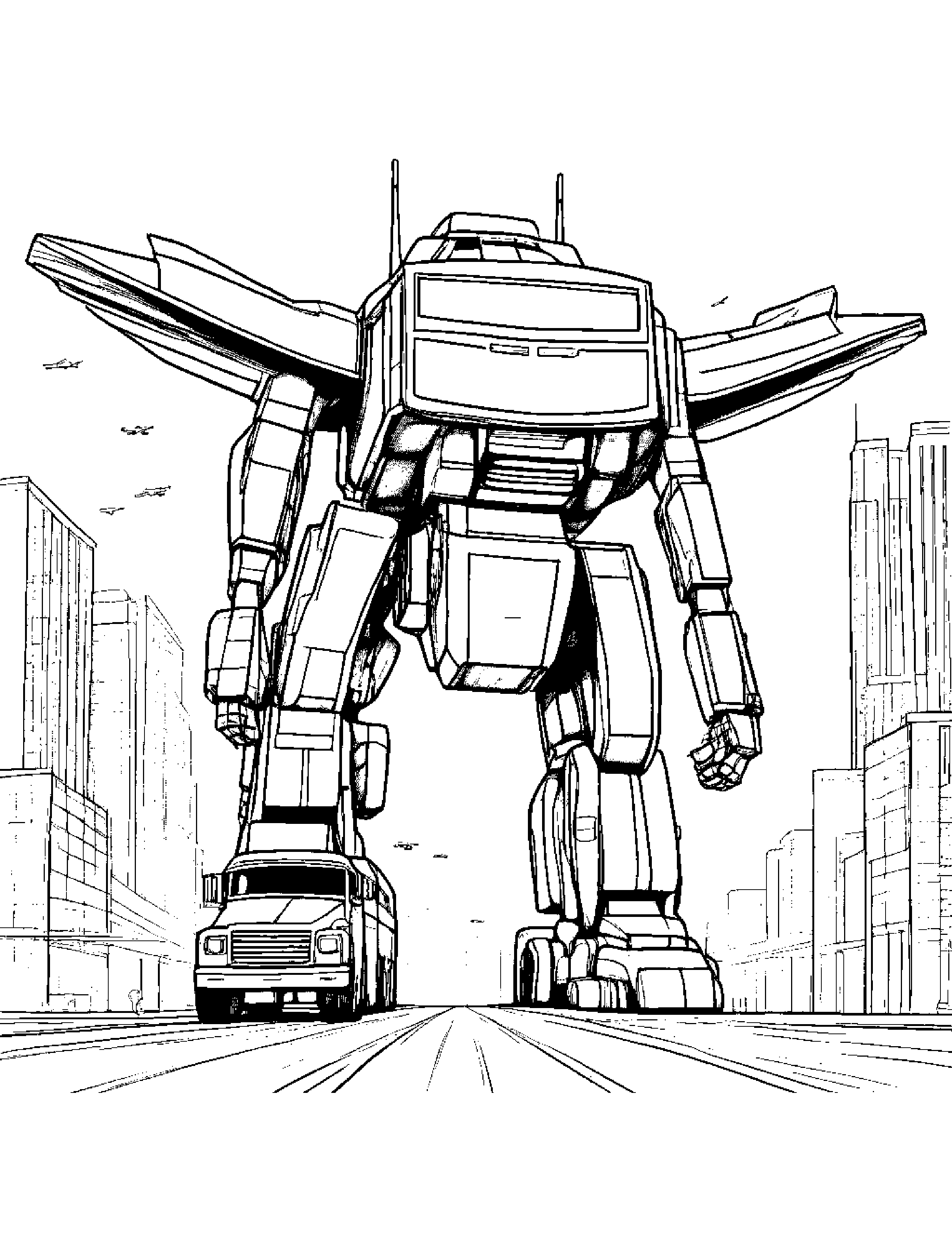 A Flying School Bus That Transforms Into A Giant Robot Coloring Page (Free Printable PDF)