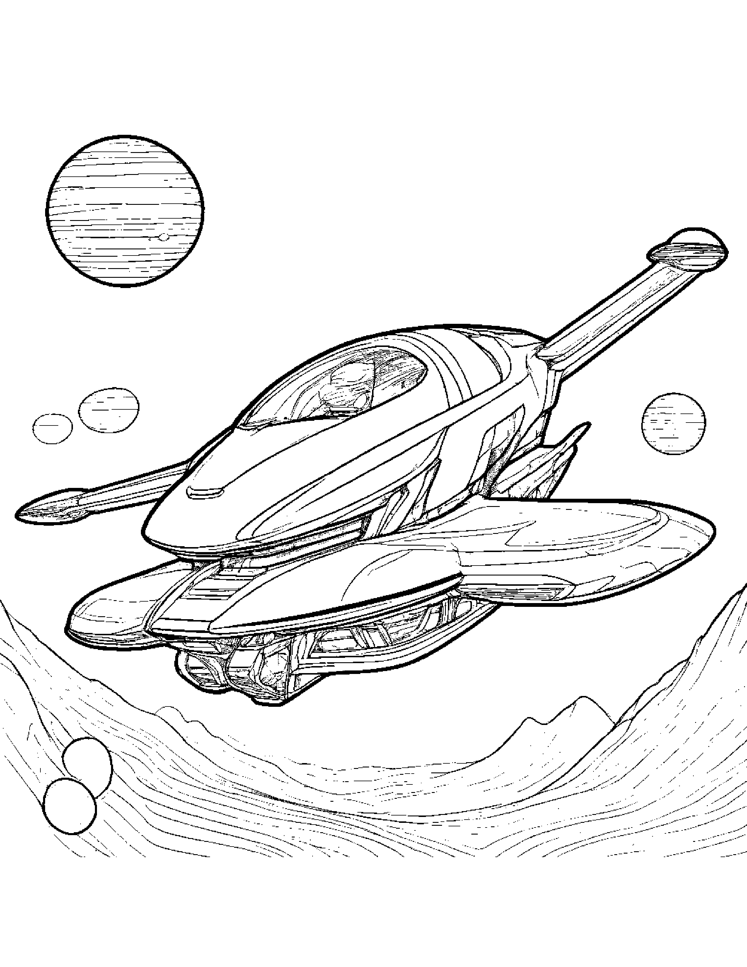 A Futuristic Flying Car Powered By Solar Energy Coloring Page (Free Printable PDF)
