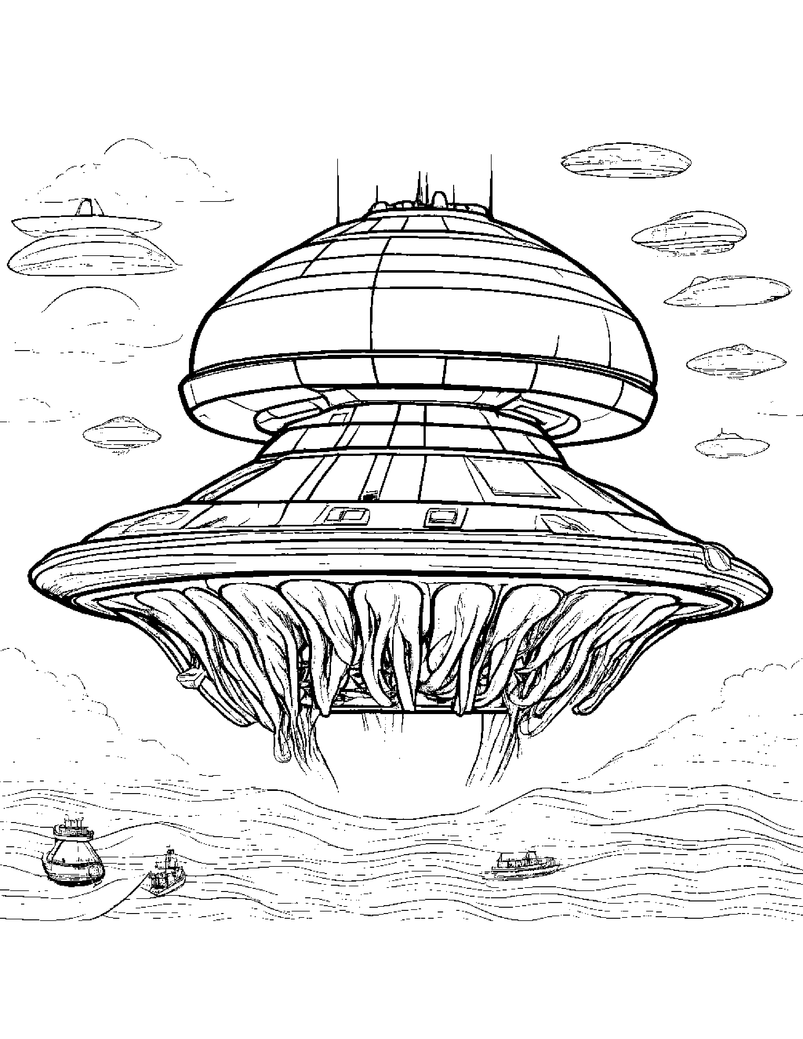 A Futuristic Hovercraft With Tentacles Instead Of Wheels Coloring Page (Free Printable PDF)