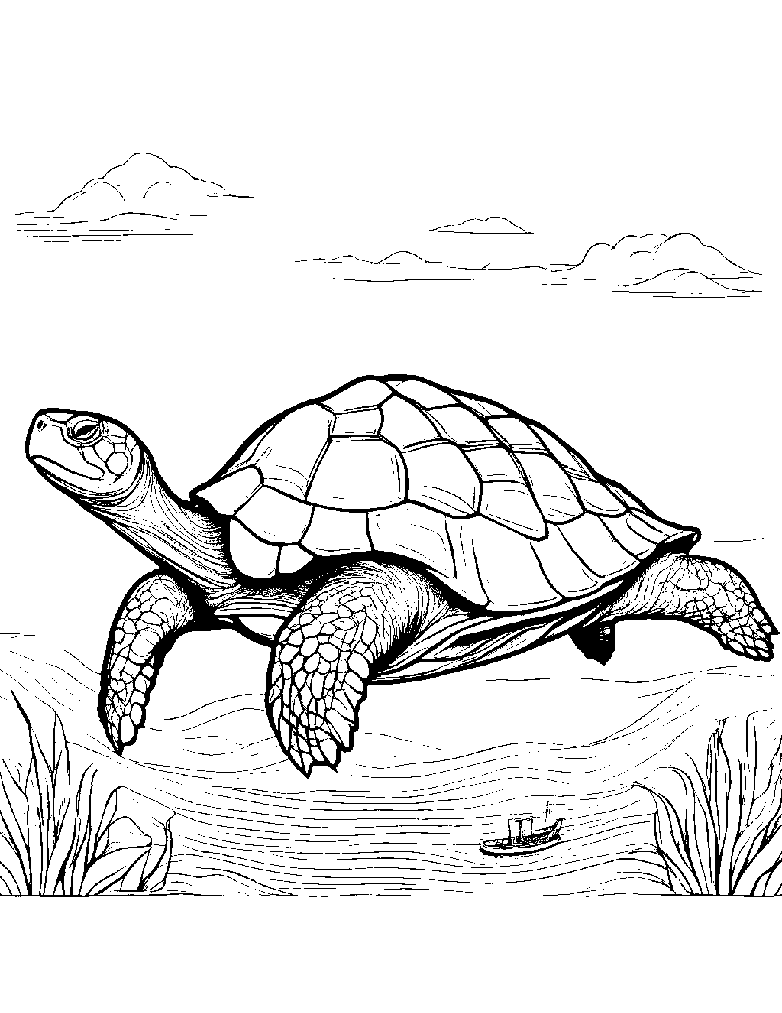 A Giant Turtle Carrying A Boat On Its Back Coloring Page (Free Printable PDF)