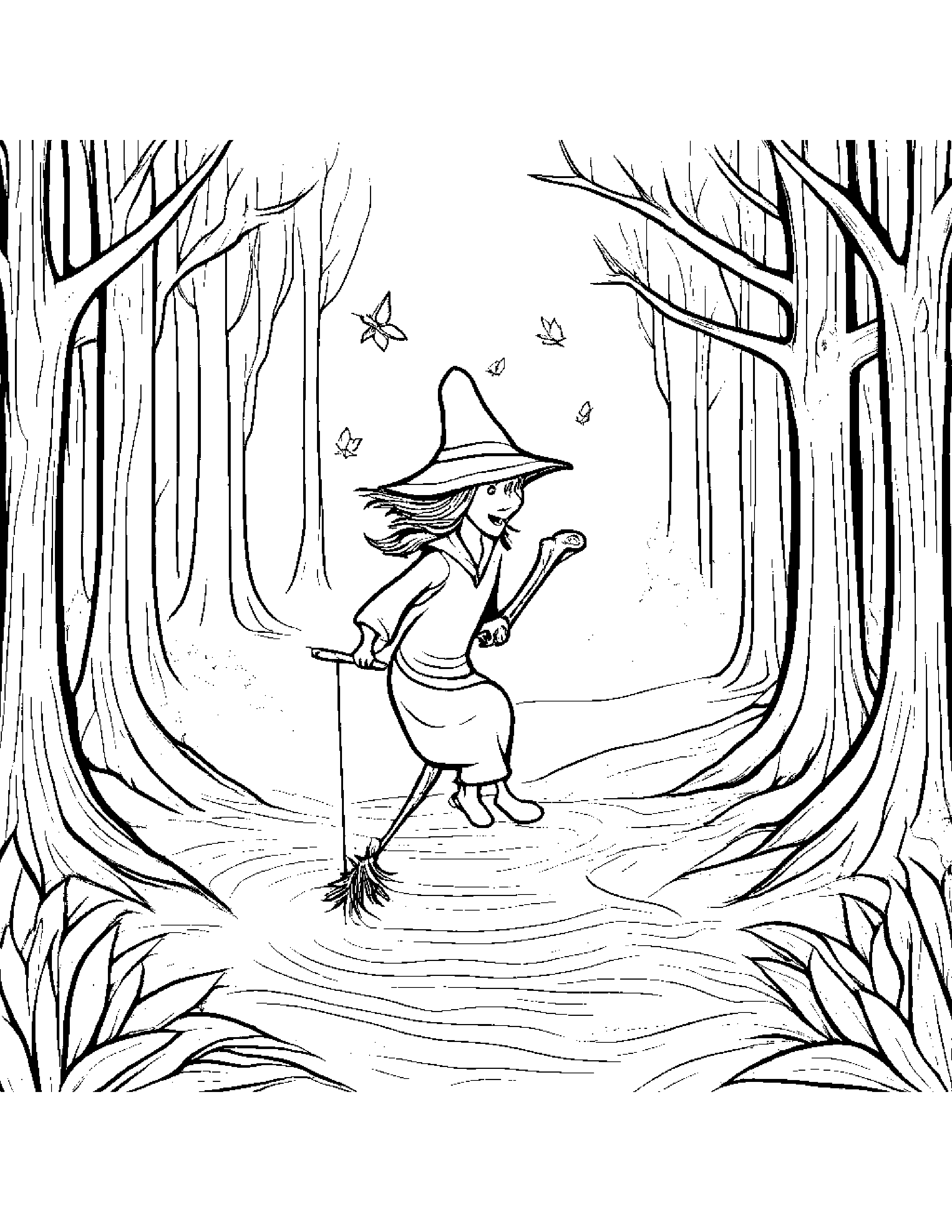 A Magical Broomstick Race Through A Enchanted Forest Coloring Page (Free Printable PDF)
