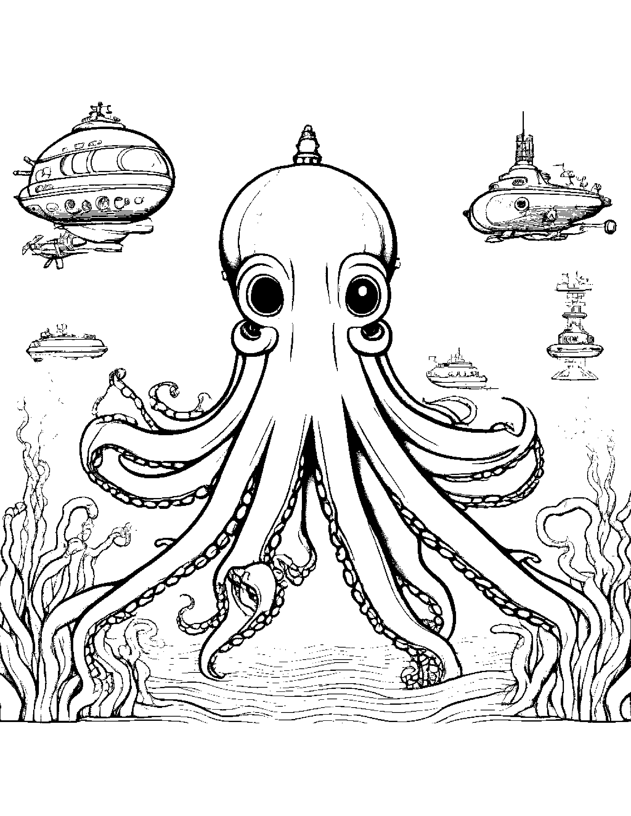 A Mechanical Octopus Operating A Submarine Coloring Page (Free Printable PDF)