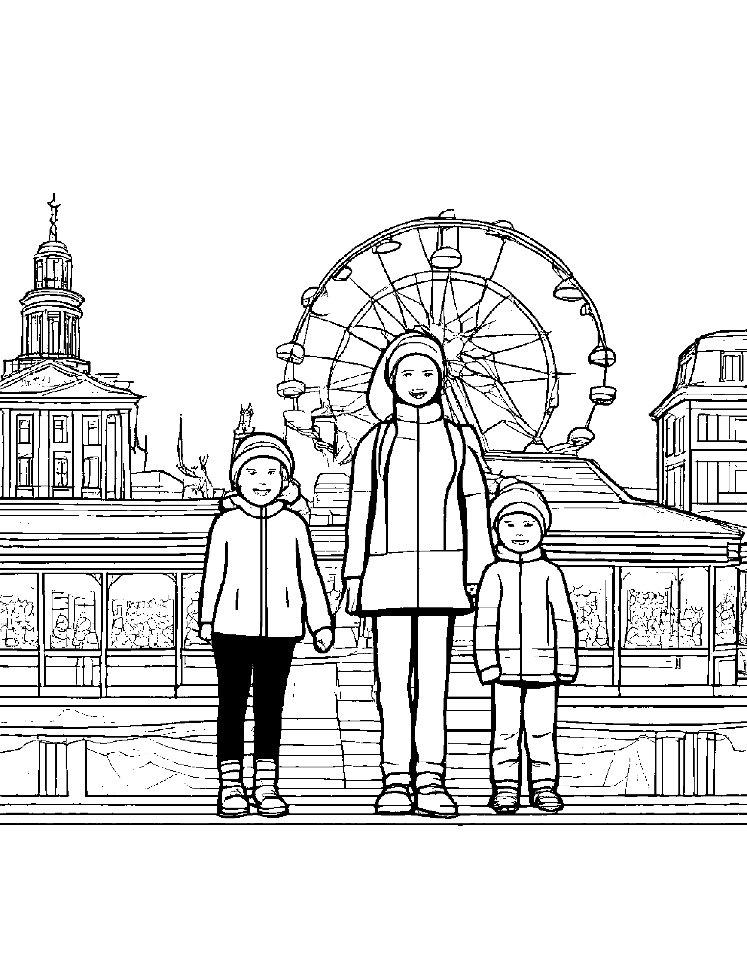 A Family Posing For A Photo In Front Of The Giant Berlin Christmas Market Illuminations Coloring Page (Free Printable PDF)