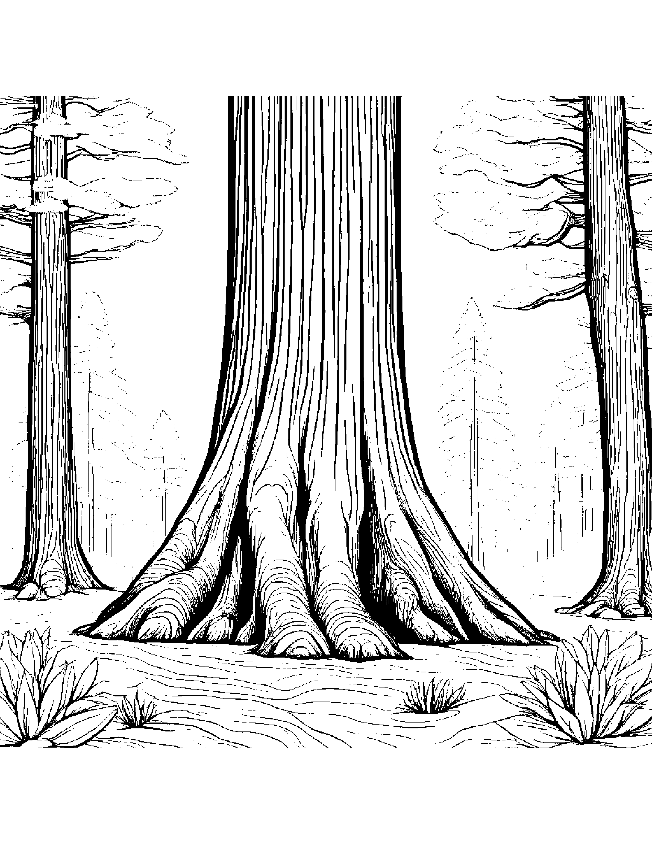 A Giant Sequoia Tree Trunk Surrounded By Smaller Saplings Coloring Page (Free Printable PDF)