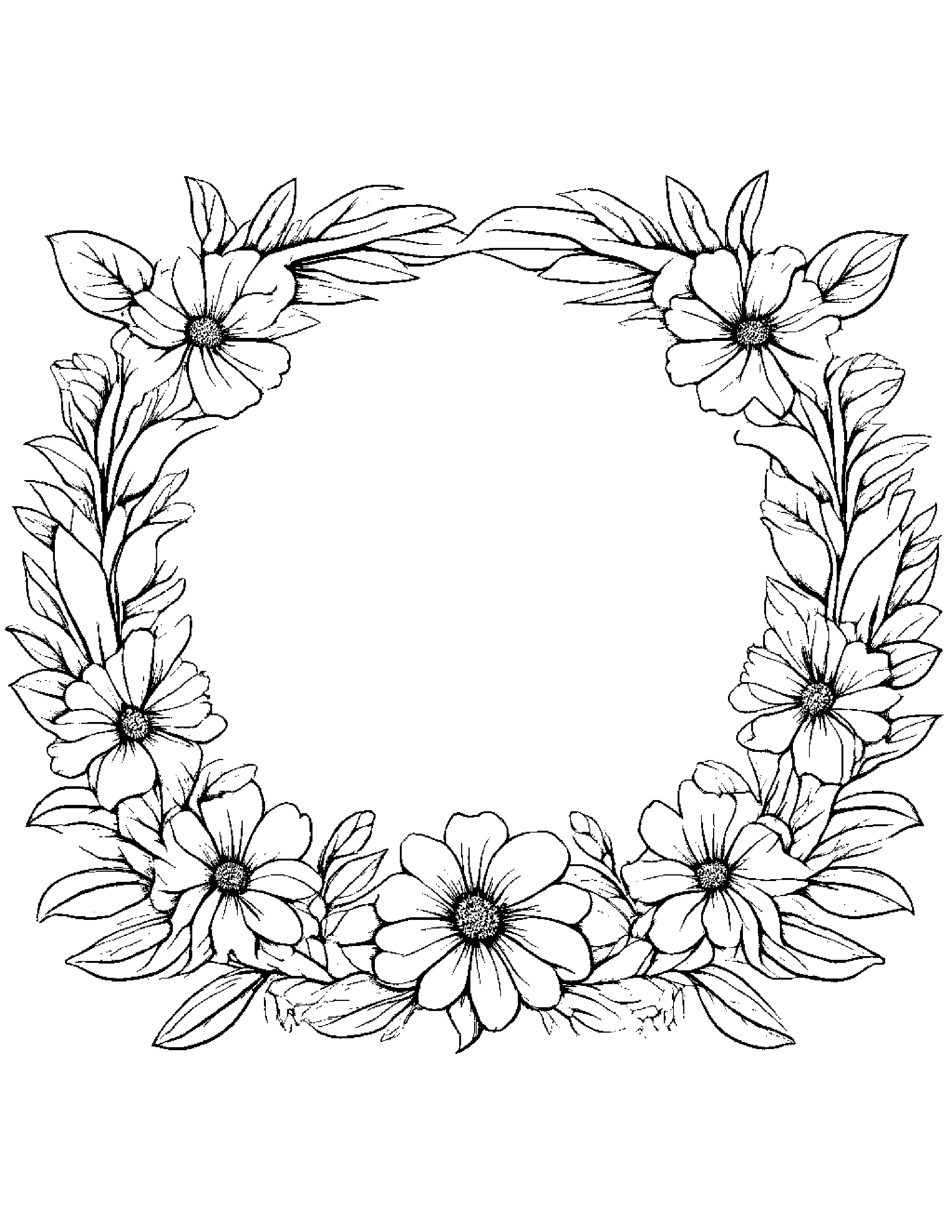 Flower Wreath Reading A Book Coloring Page (Free Printable PDF)