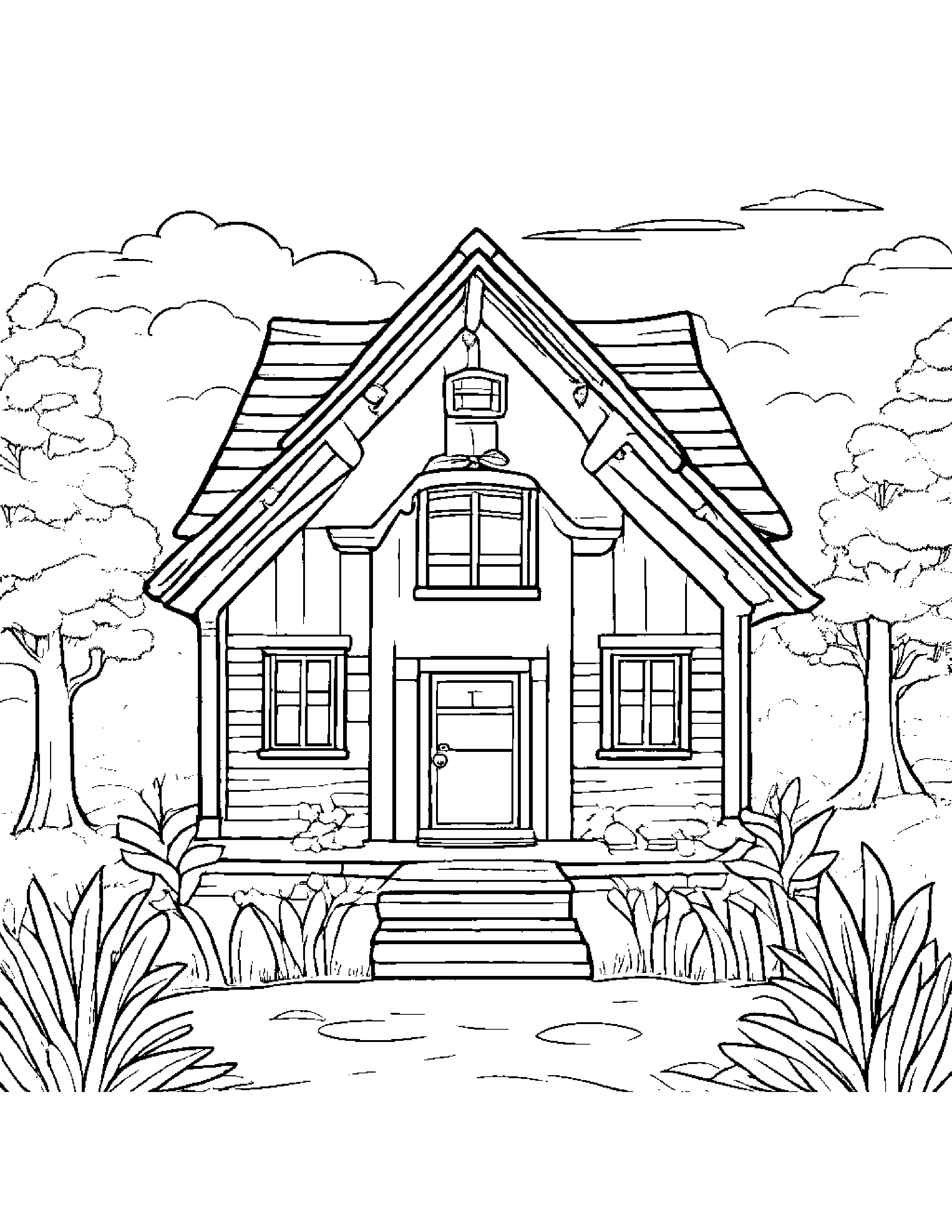 Happy Cozy Cottage With A Bow Coloring Page (Free Printable PDF)