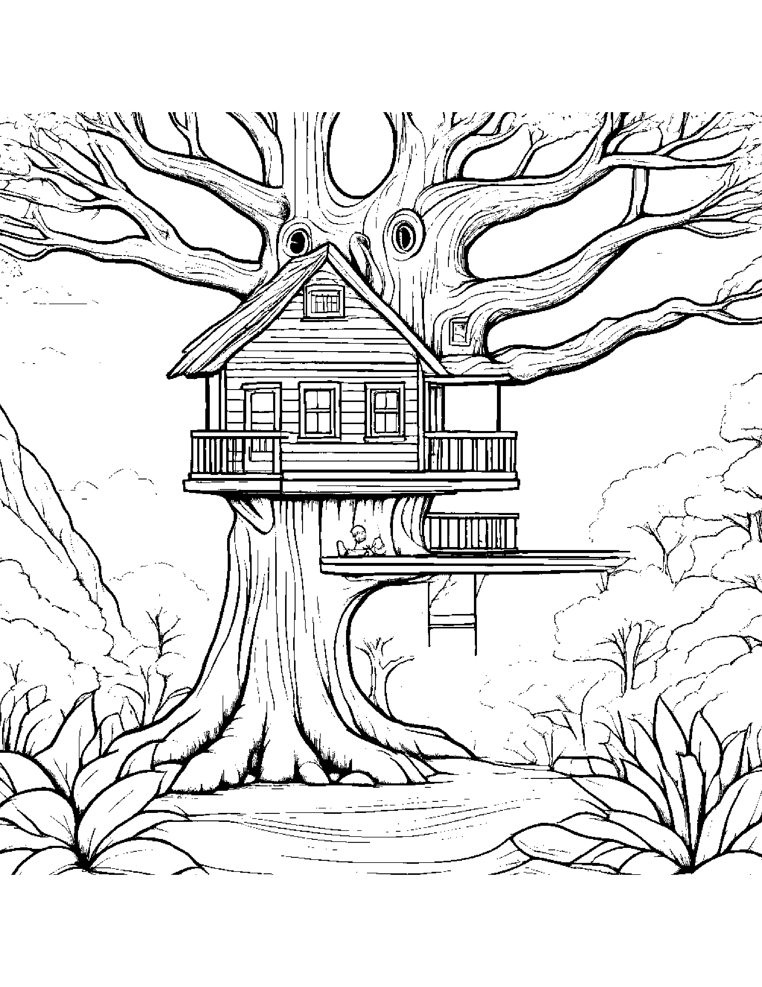 Treehouse Reading A Book Coloring Page (Free Printable PDF)