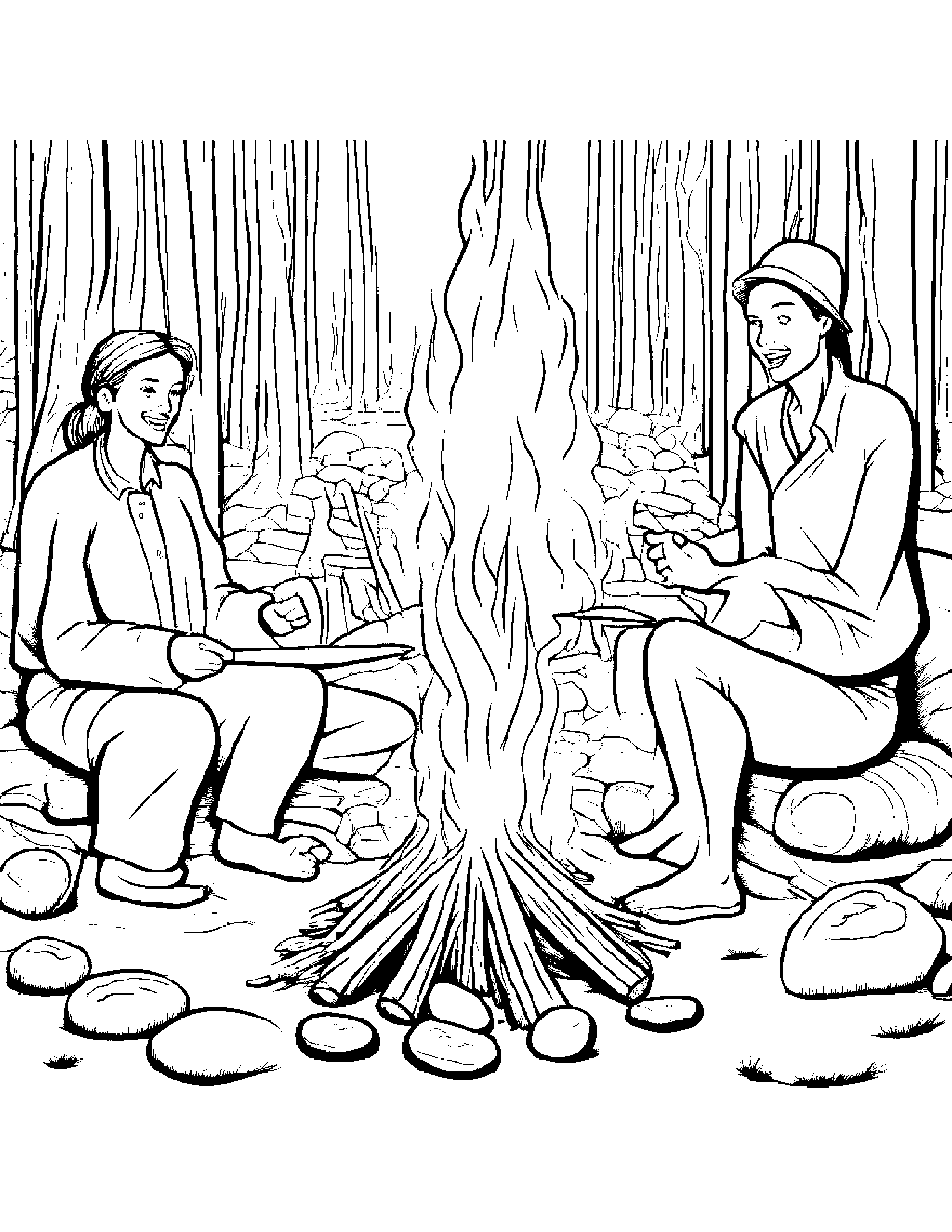 A Troglodyte Family Gathered Around A Bonfire Roasting Marshmallogs On Sticks, Sharing Tales Of Their Underground Adventures Coloring Page (Free Printable PDF)