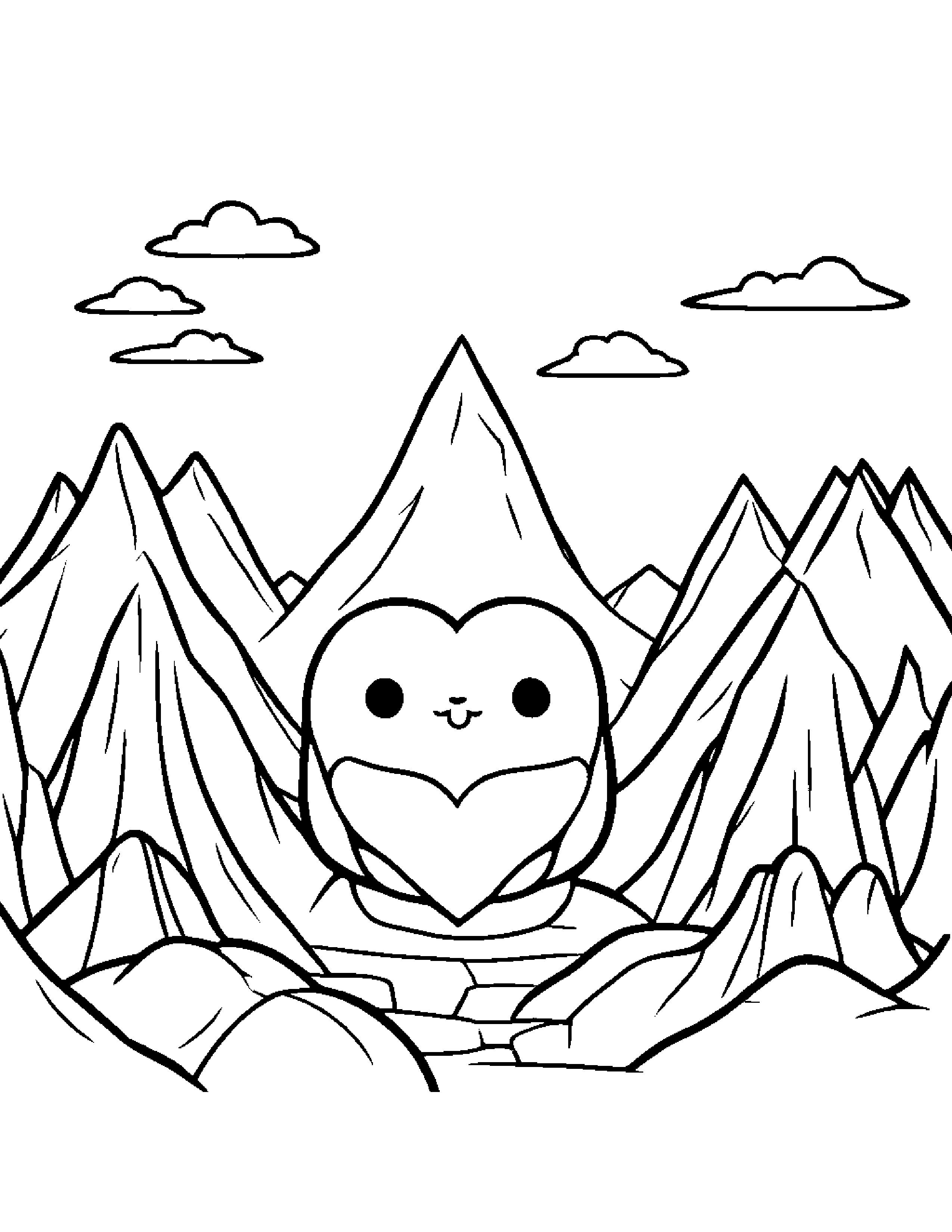 Kawaii Mountain Hugging A Heart #2 Coloring Page (Free Printable PDF)