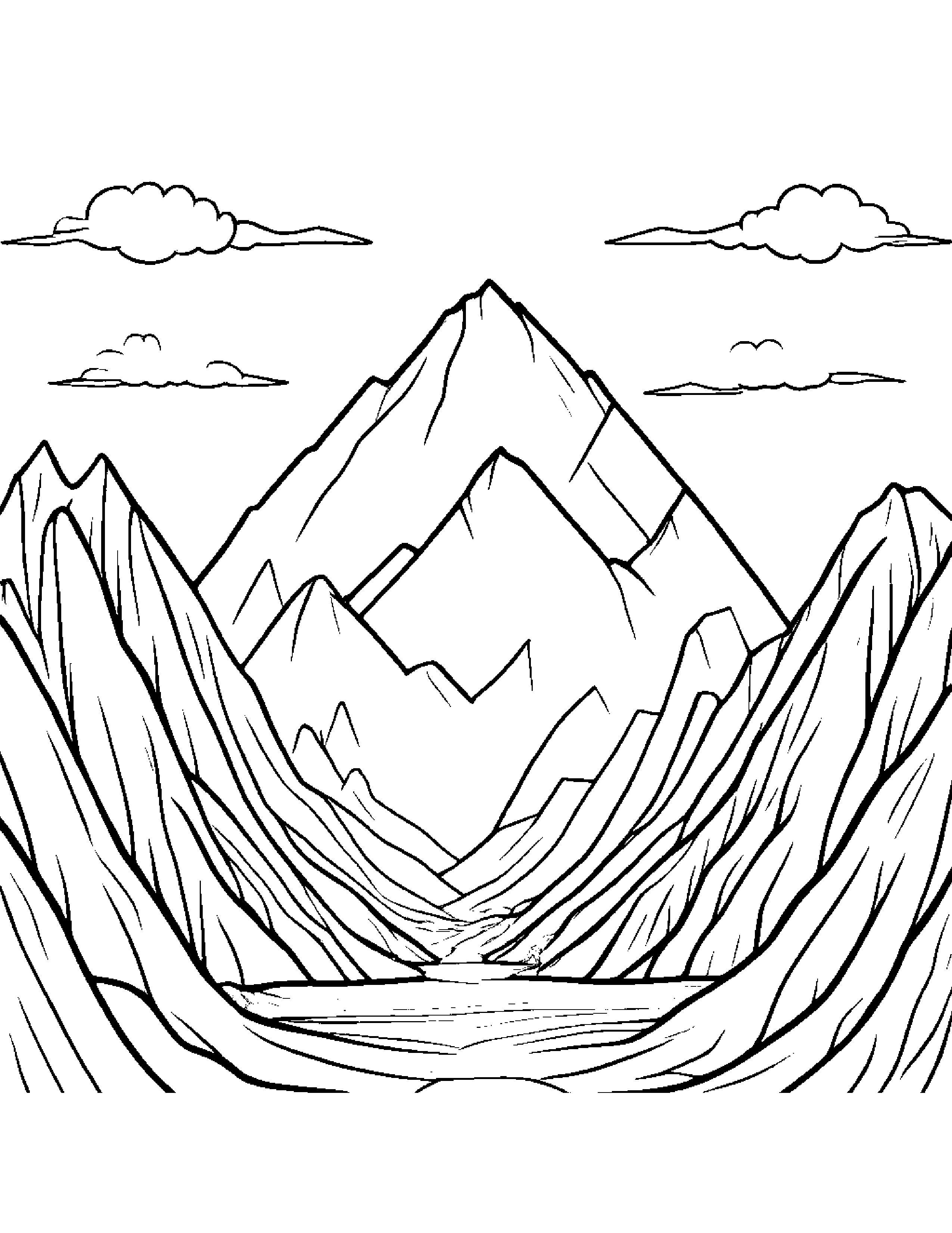 Kawaii Mountain Hugging A Heart Coloring Page (Free Printable PDF)