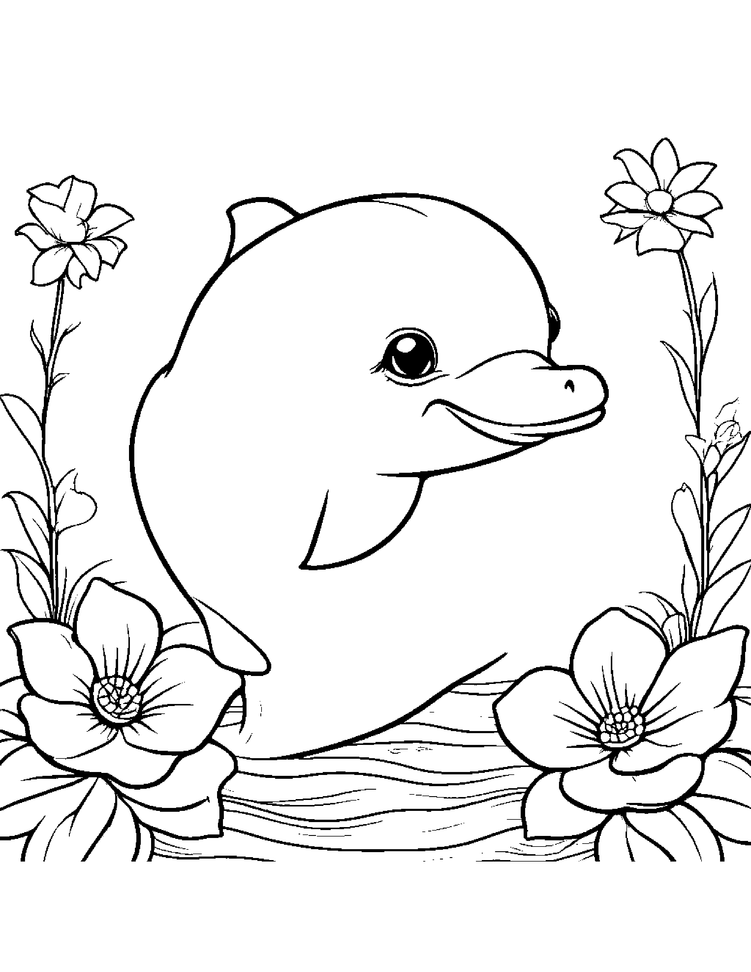 Baby Dolphin With A Flower Coloring Page (Free Printable PDF)