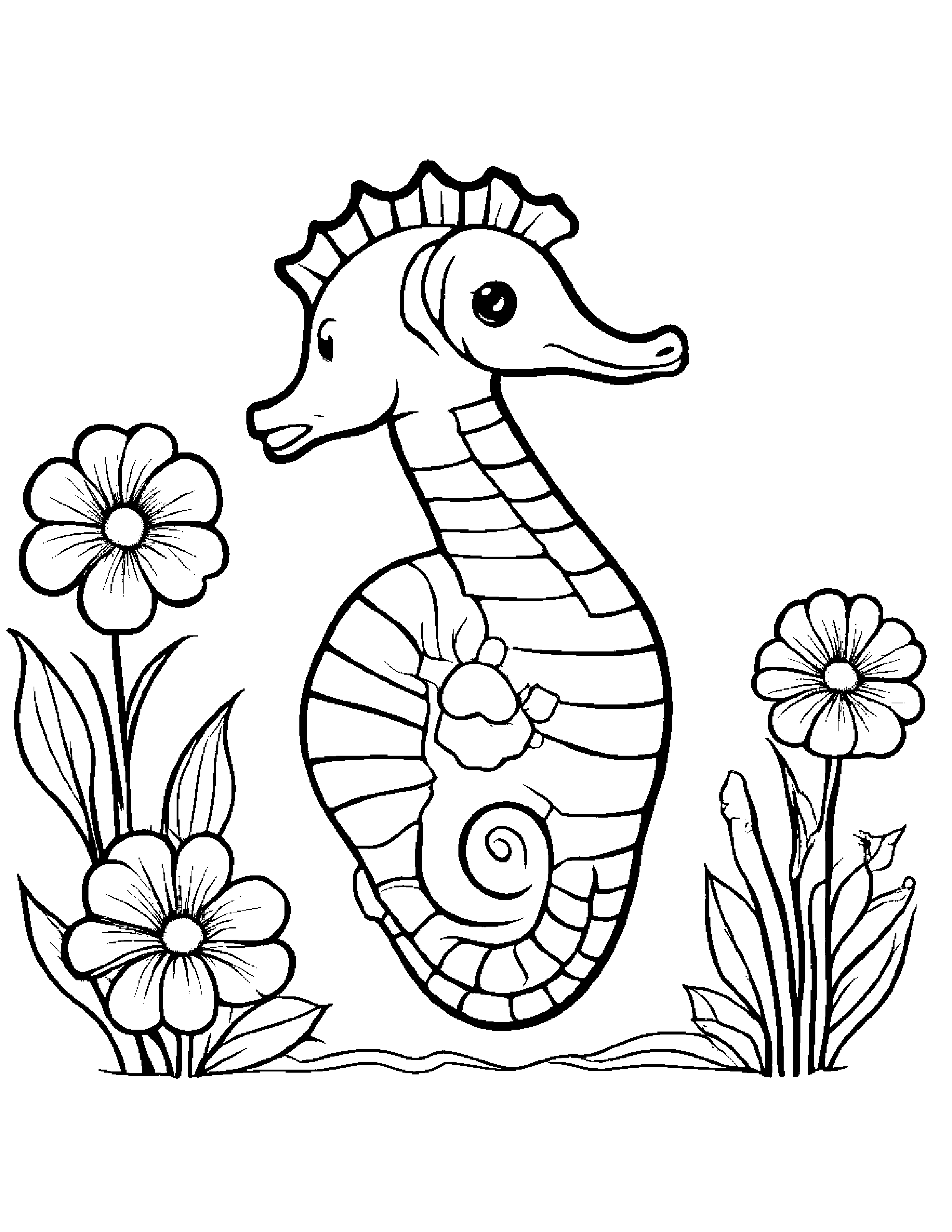 Baby Seahorse With A Flower #2 Coloring Page (Free Printable PDF)