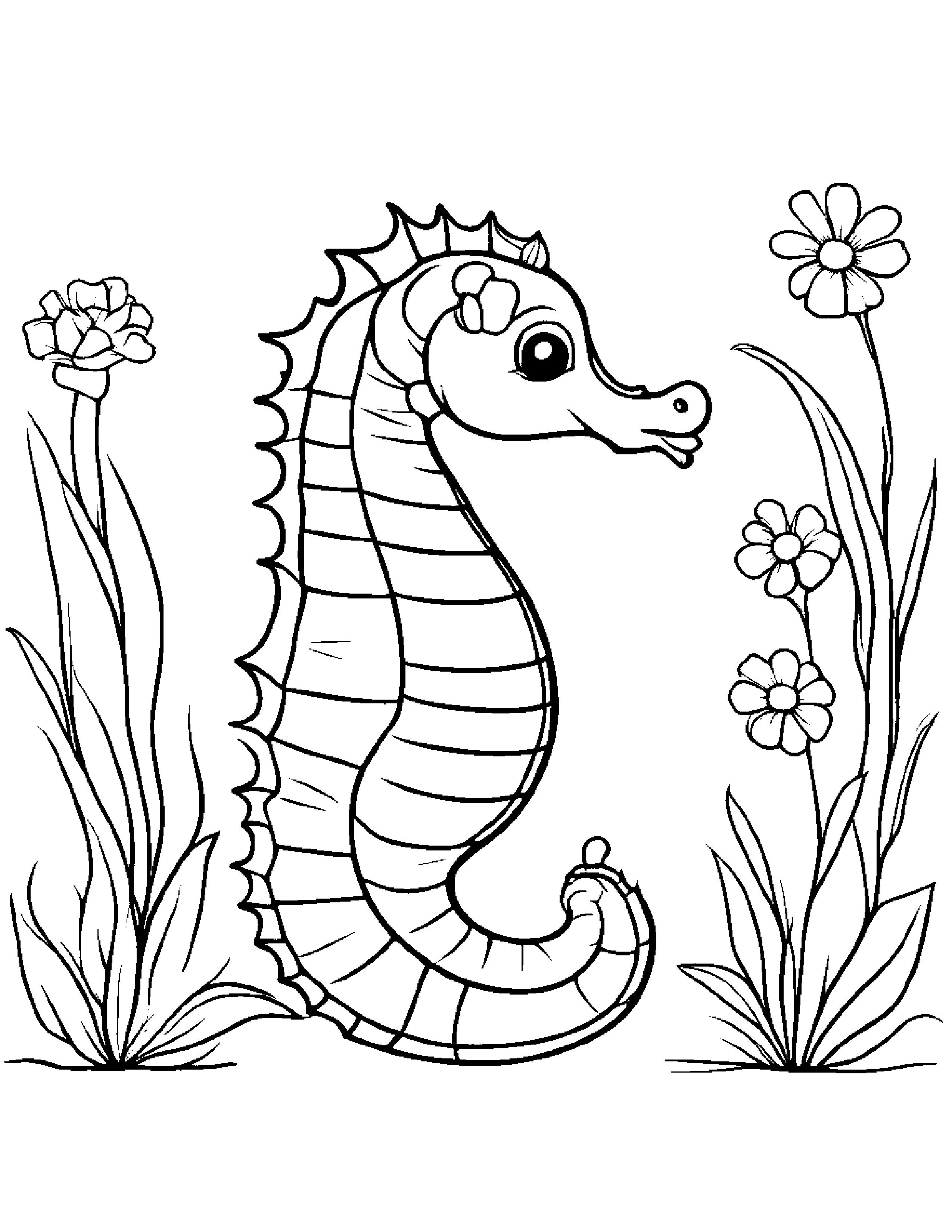 Baby Seahorse With A Flower Coloring Page (Free Printable PDF)