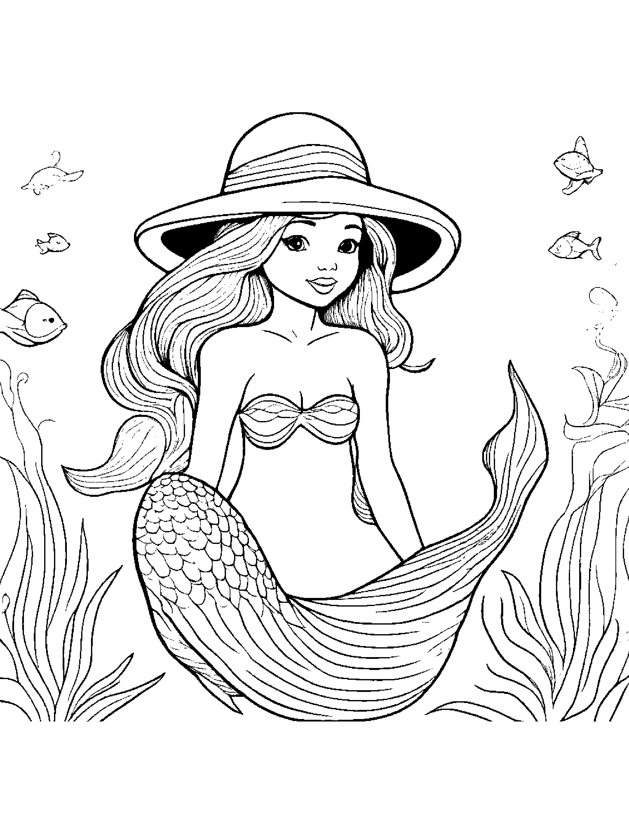 Gentle Mermaid Wearing A Hat Coloring Page (Free Printable PDF)