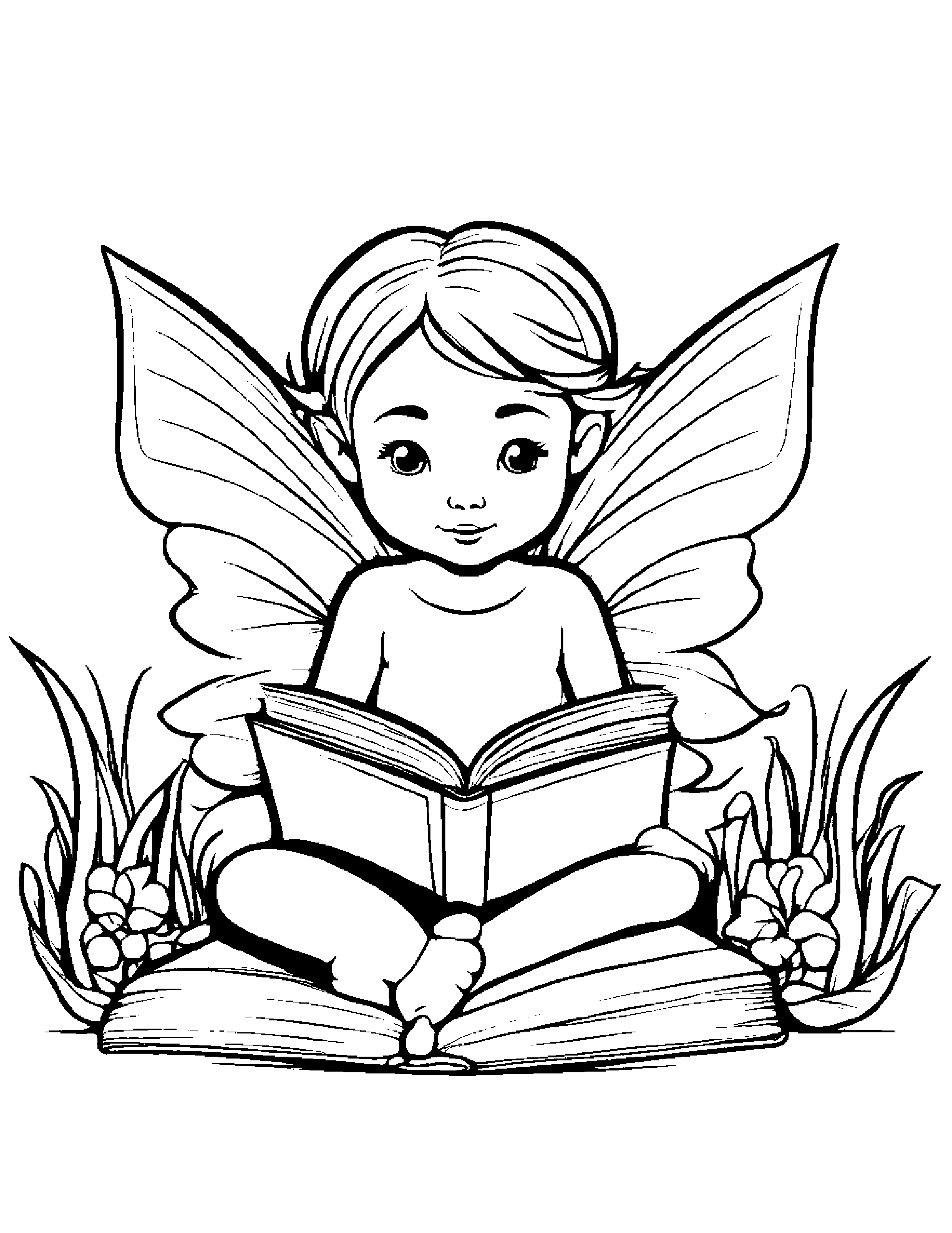 Tiny Fairy Reading A Book #2 Coloring Page (Free Printable PDF)