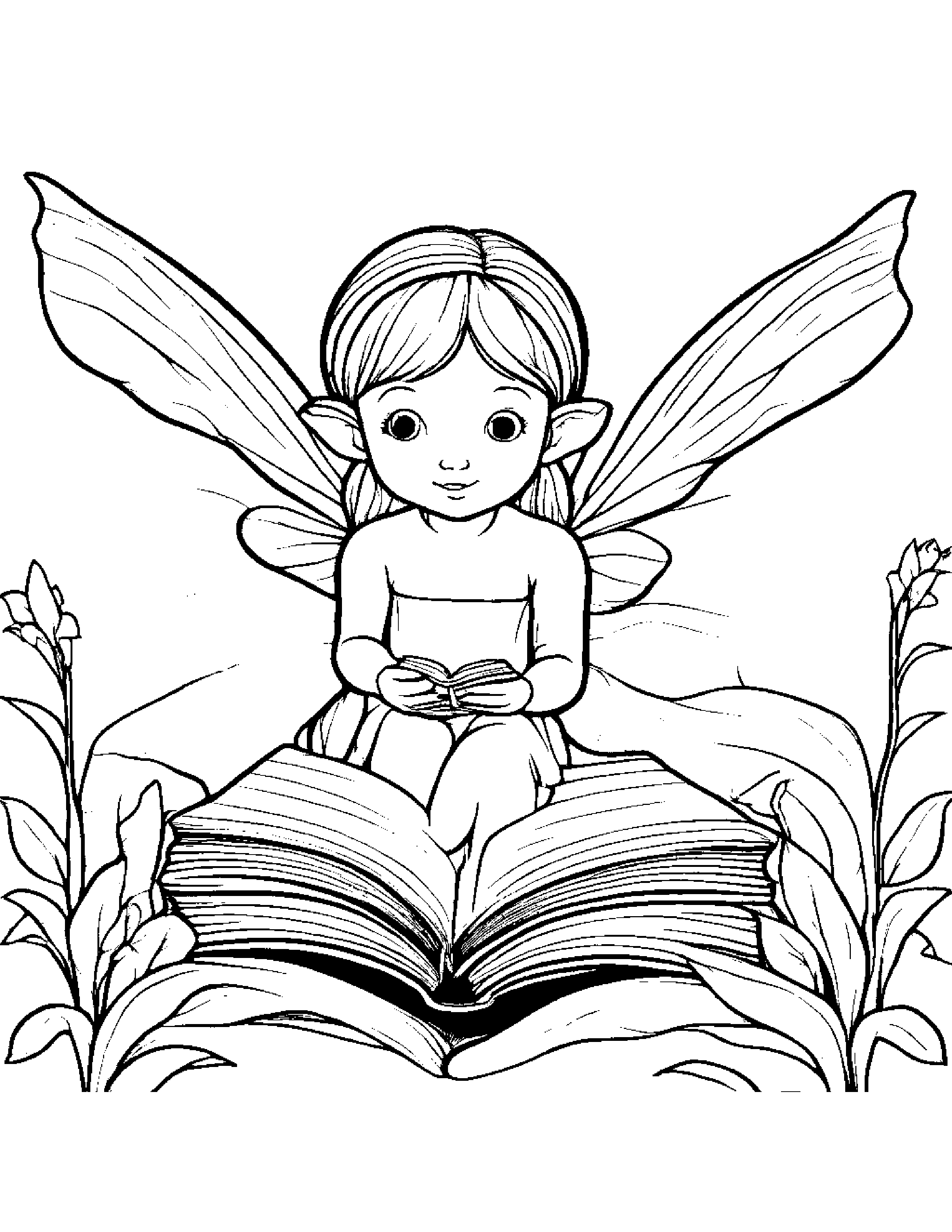 Tiny Fairy Reading A Book Coloring Page (Free Printable PDF)
