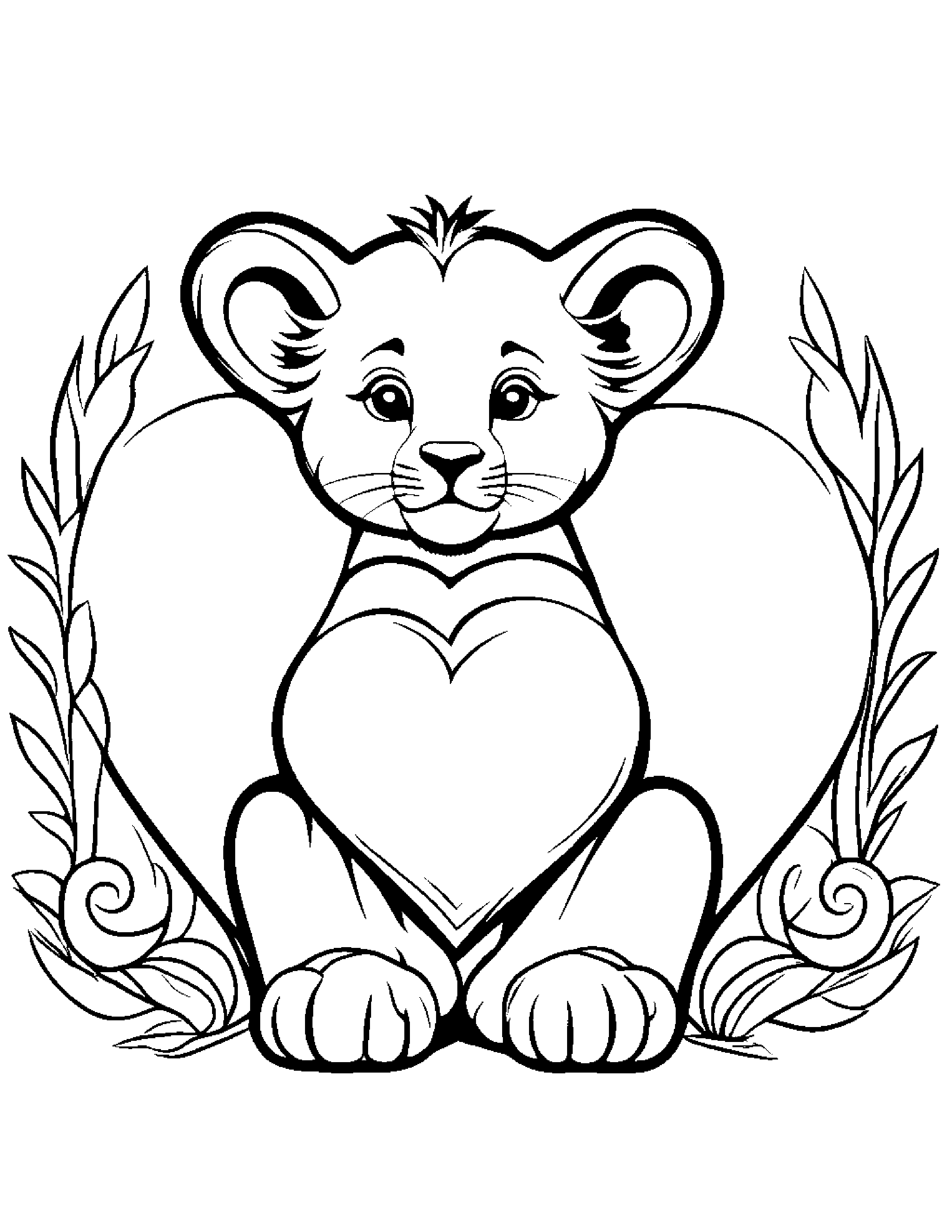 Lion Cub Hugging A Heart #2 Coloring Page (Free Printable PDF)