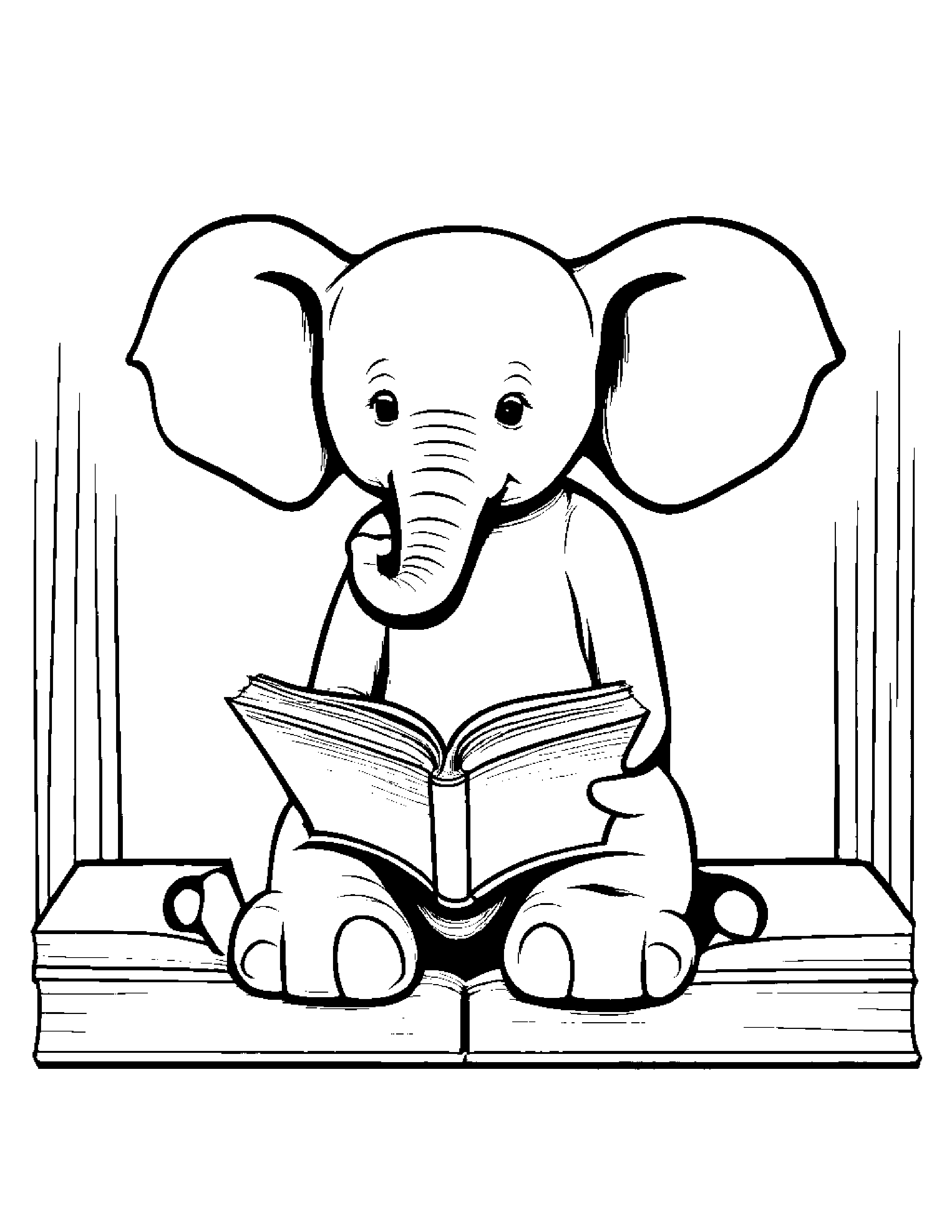 Elephant Calf Reading A Book #3 Coloring Page (Free Printable PDF)
