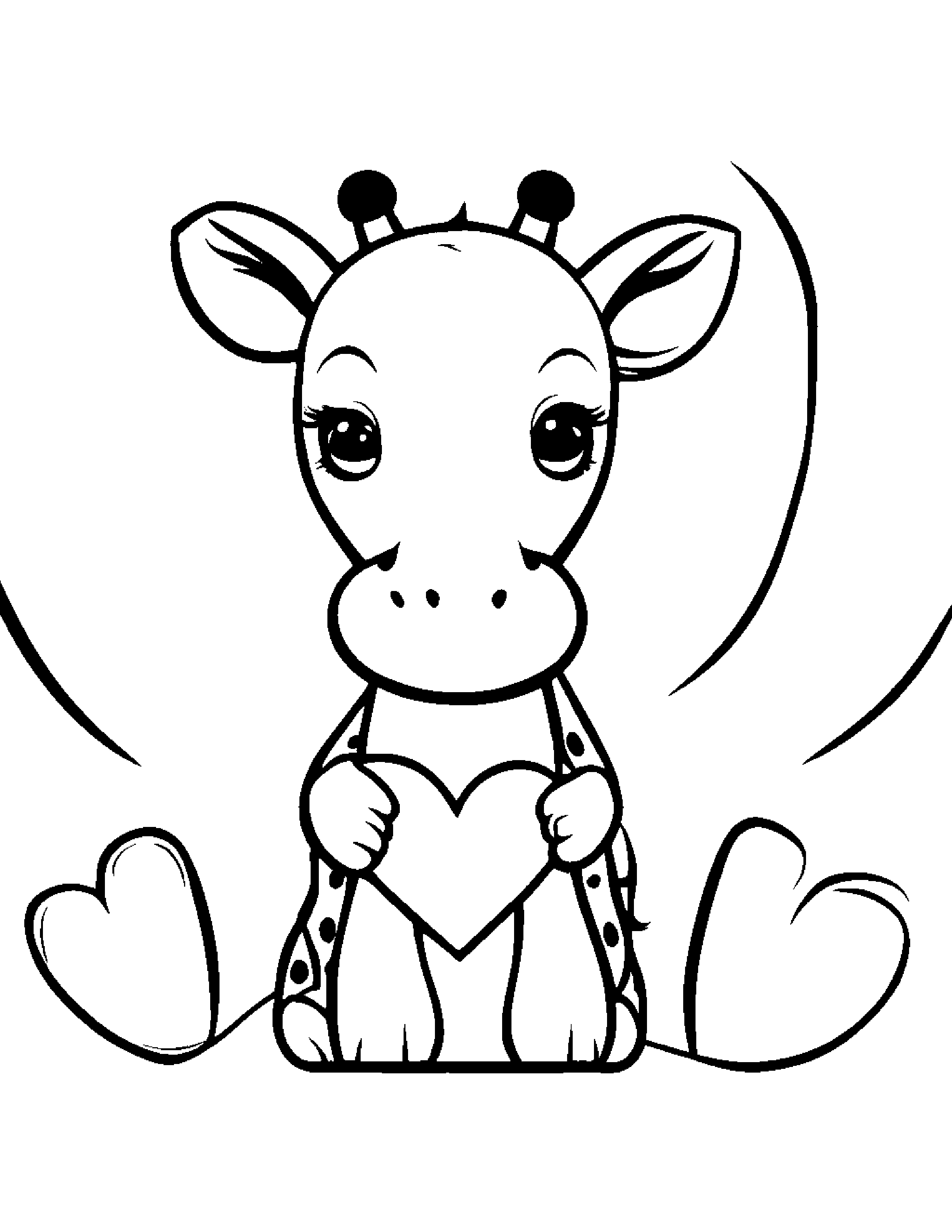 Kawaii Giraffe Hugging A Heart #2 Coloring Page (Free Printable PDF)