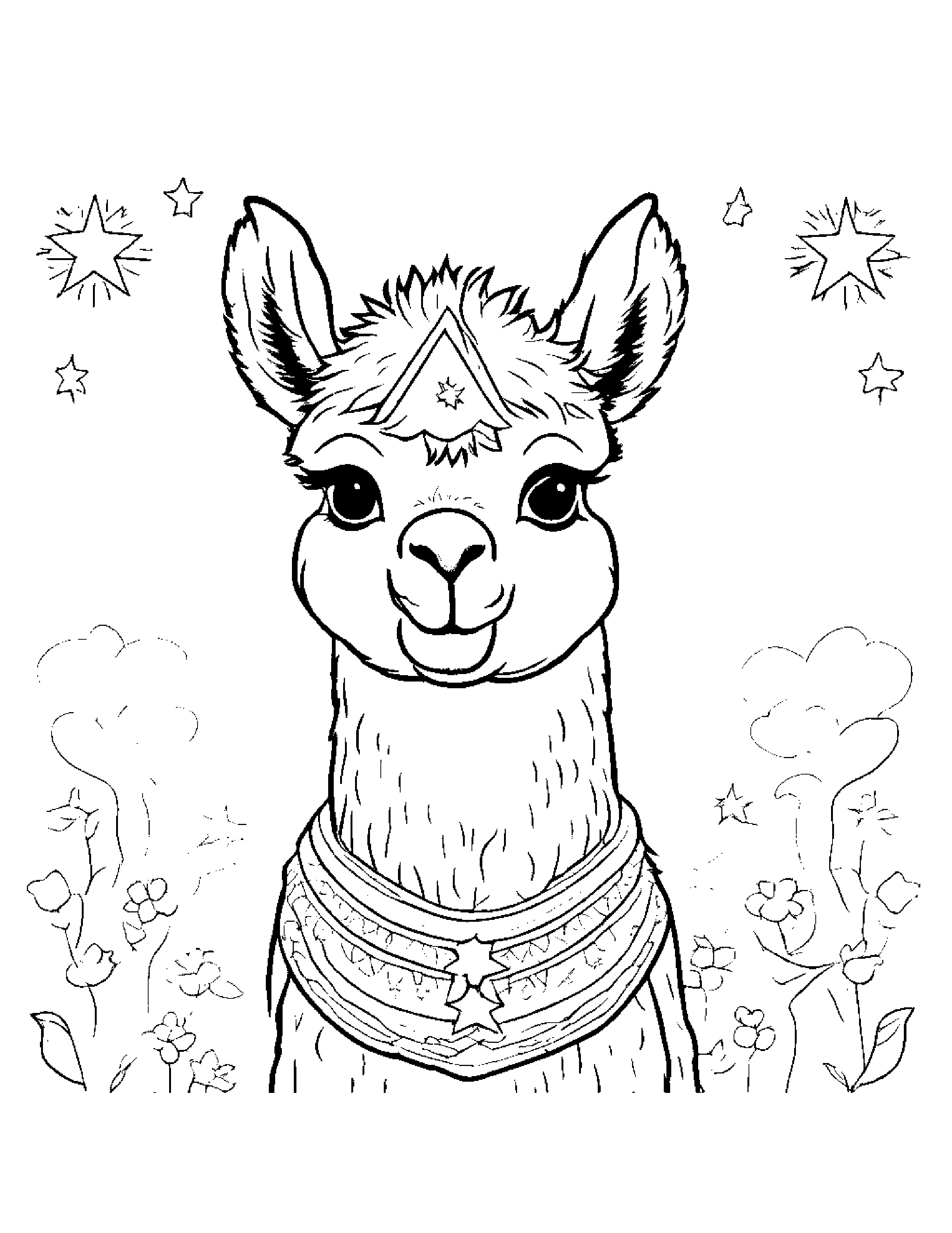 Smiling Alpaca With A Star Coloring Page (Free Printable PDF)