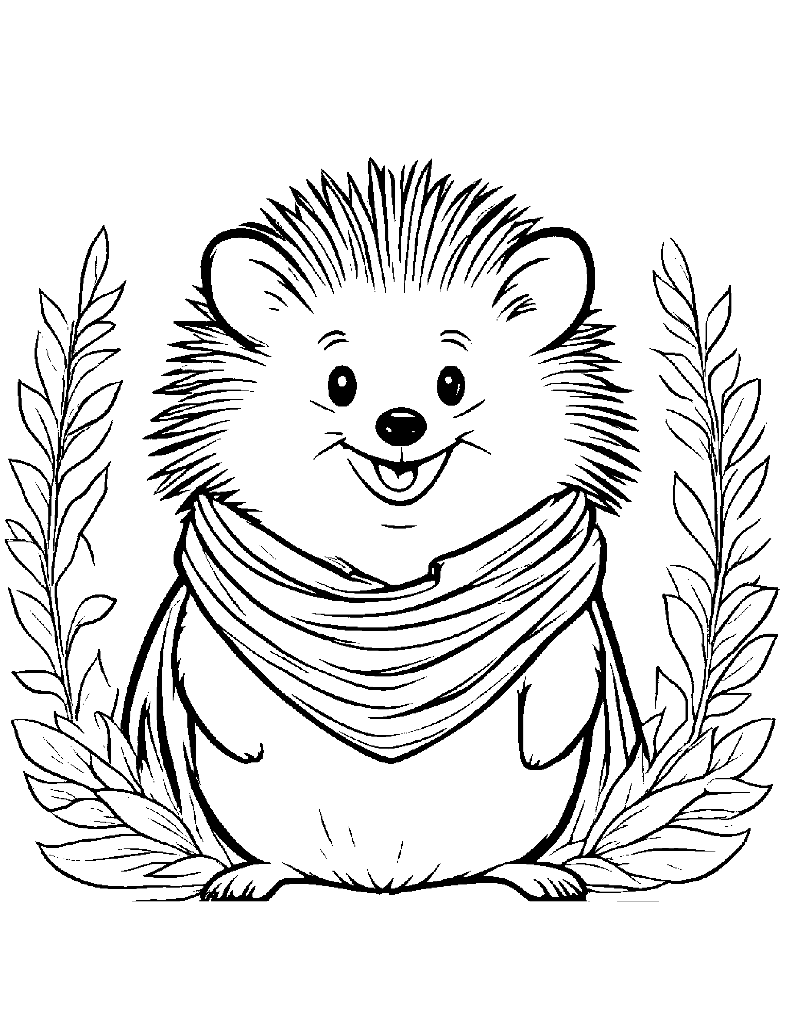 Smiling Hedgehog With Scarf #2 Coloring Page (Free Printable PDF)