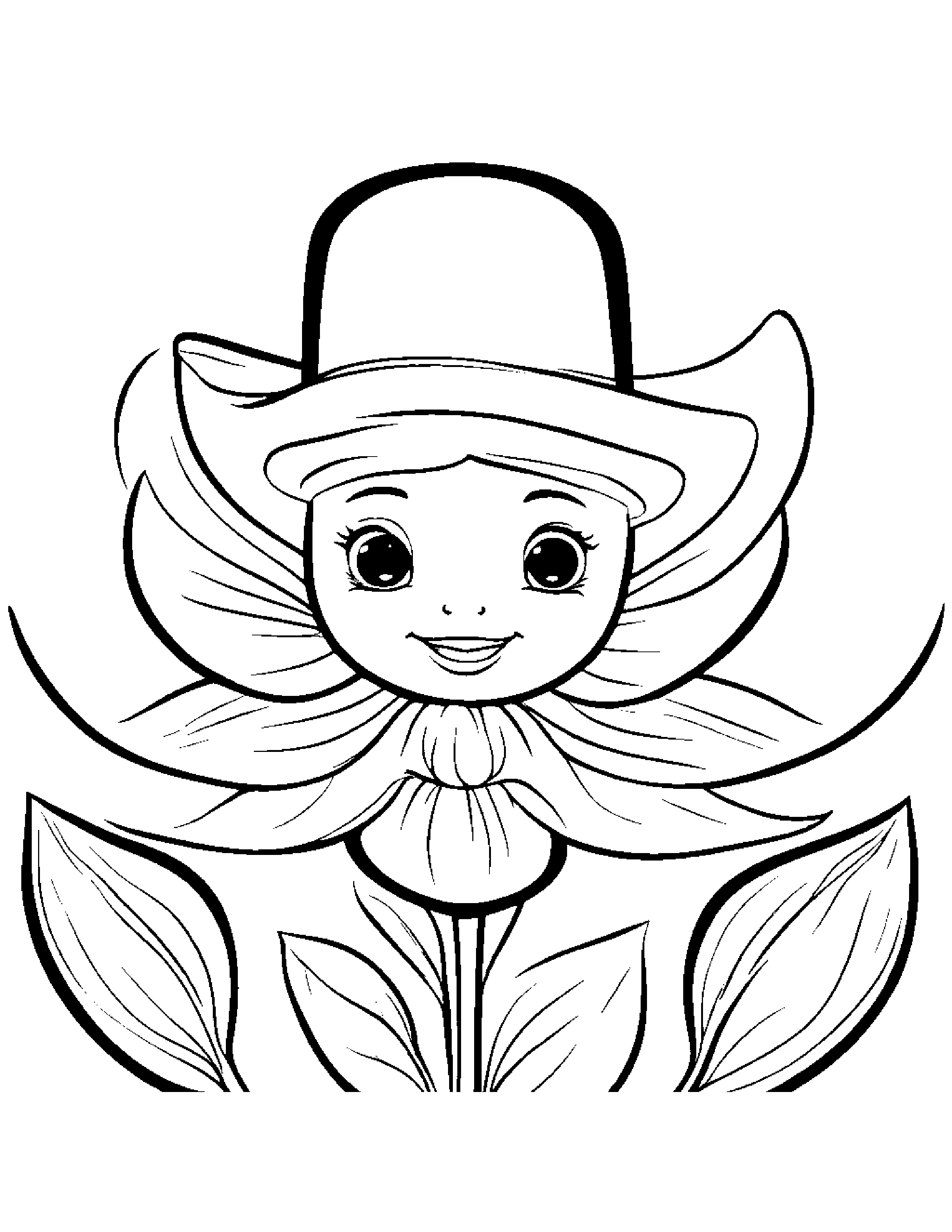 Gentle Flower Wearing A Hat #2 Coloring Page (Free Printable PDF)