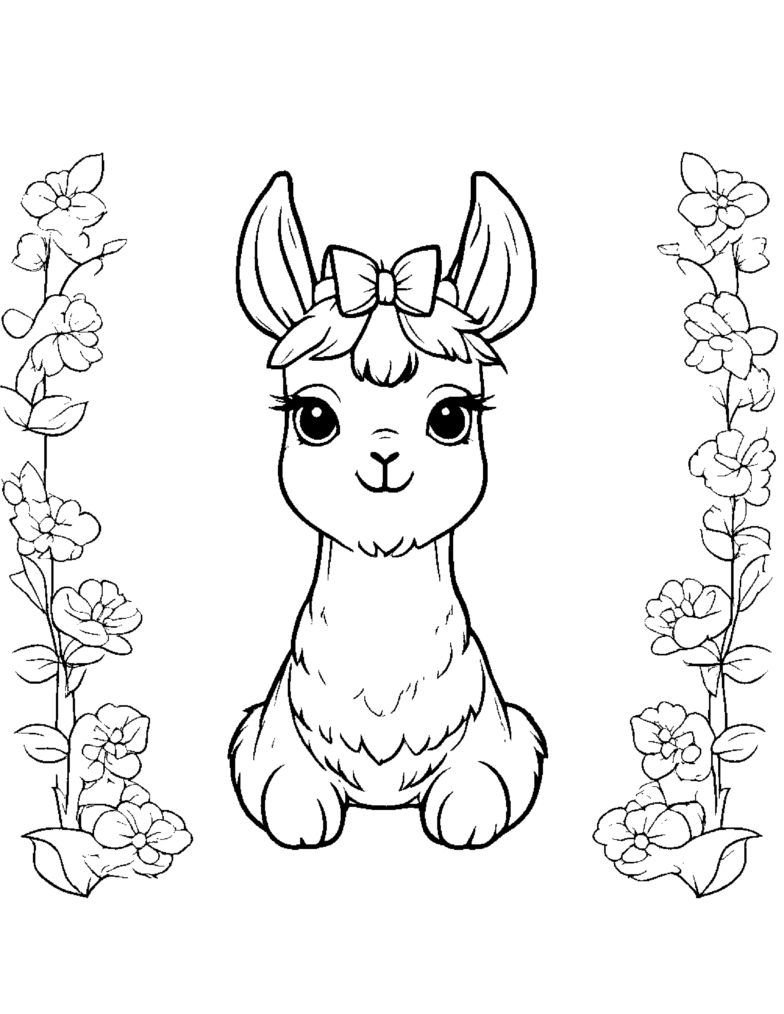 Kawaii Llama With A Bow Coloring Page (Free Printable PDF)