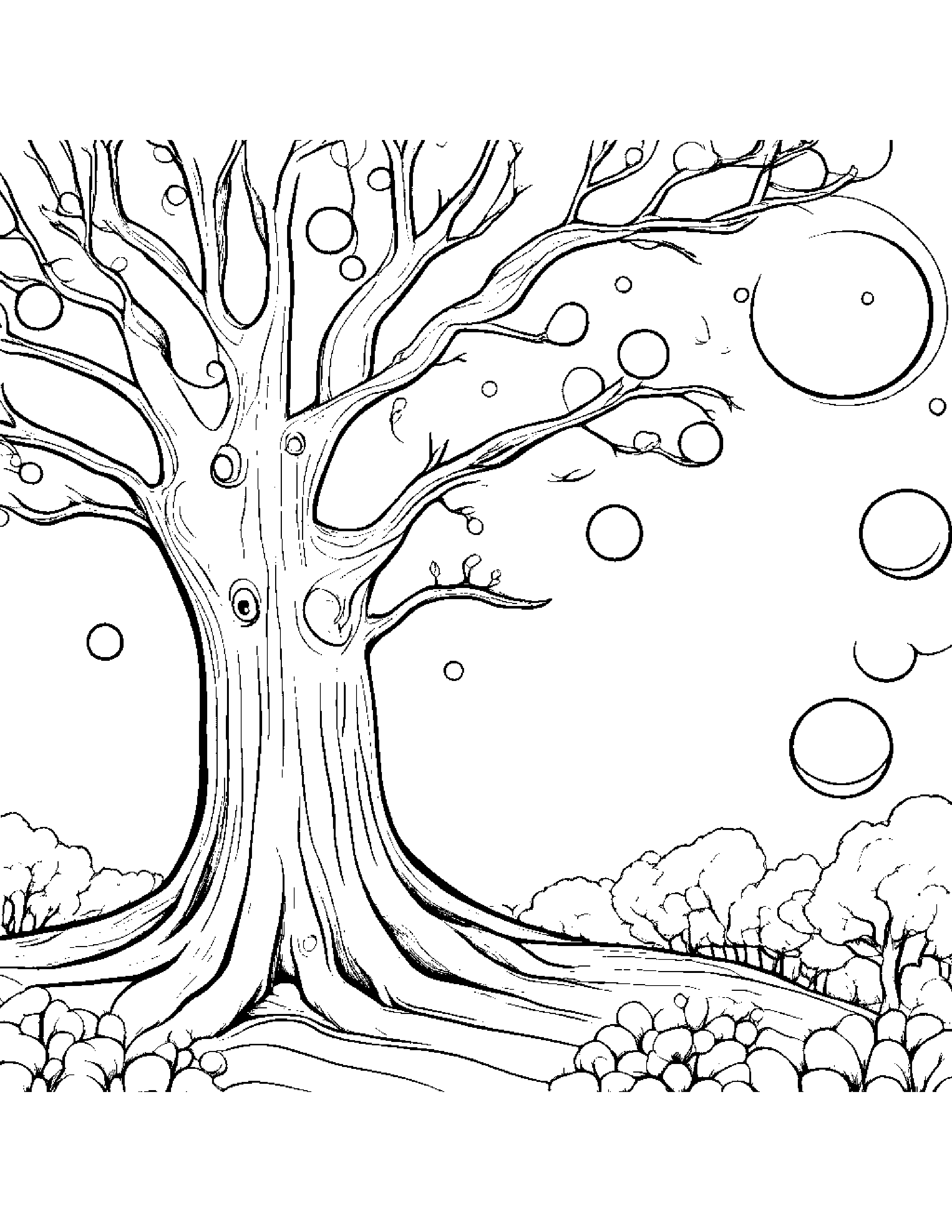 Sleepy Tree Blowing Bubbles Coloring Page (Free Printable PDF)
