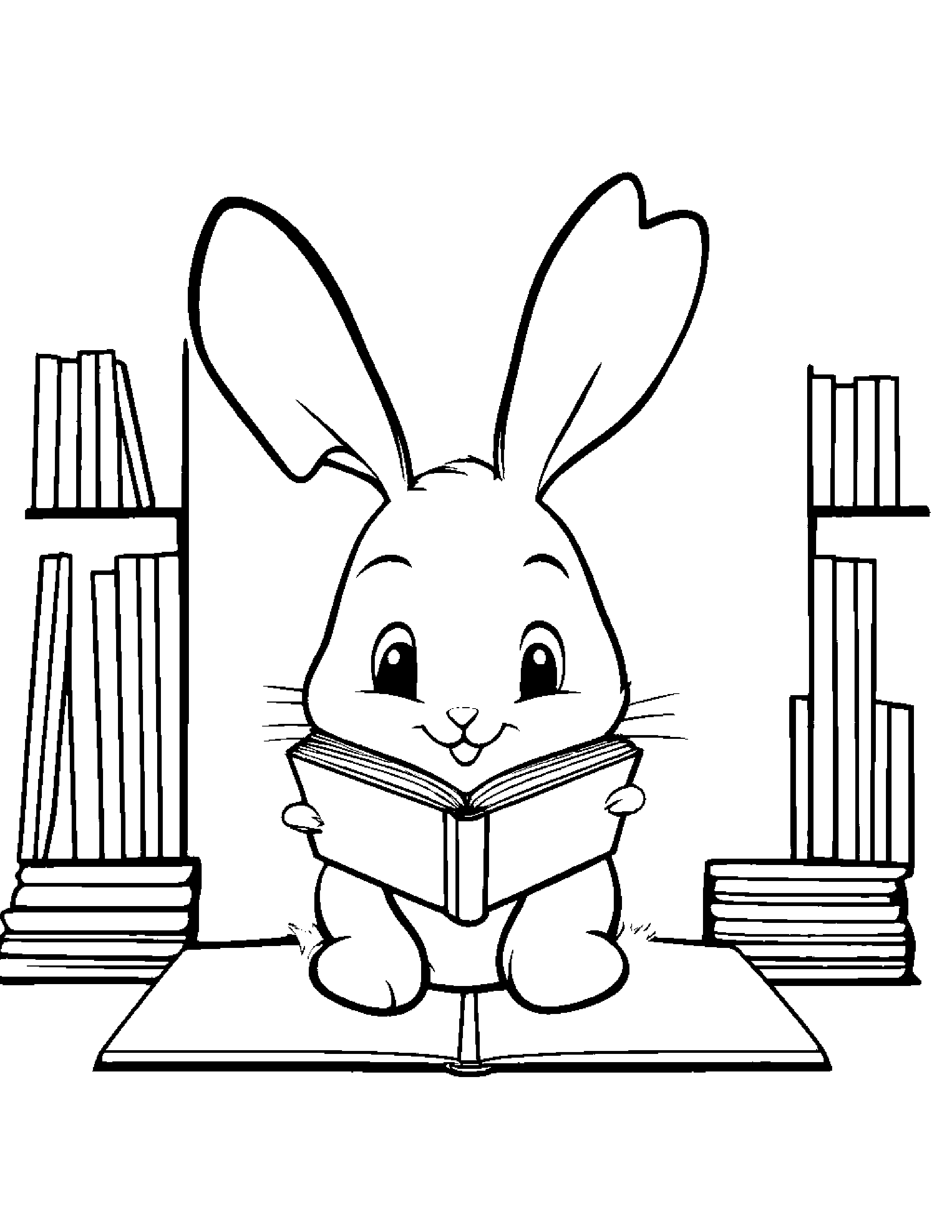 Smiling Bunny Reading A Book #2 Coloring Page (Free Printable PDF)