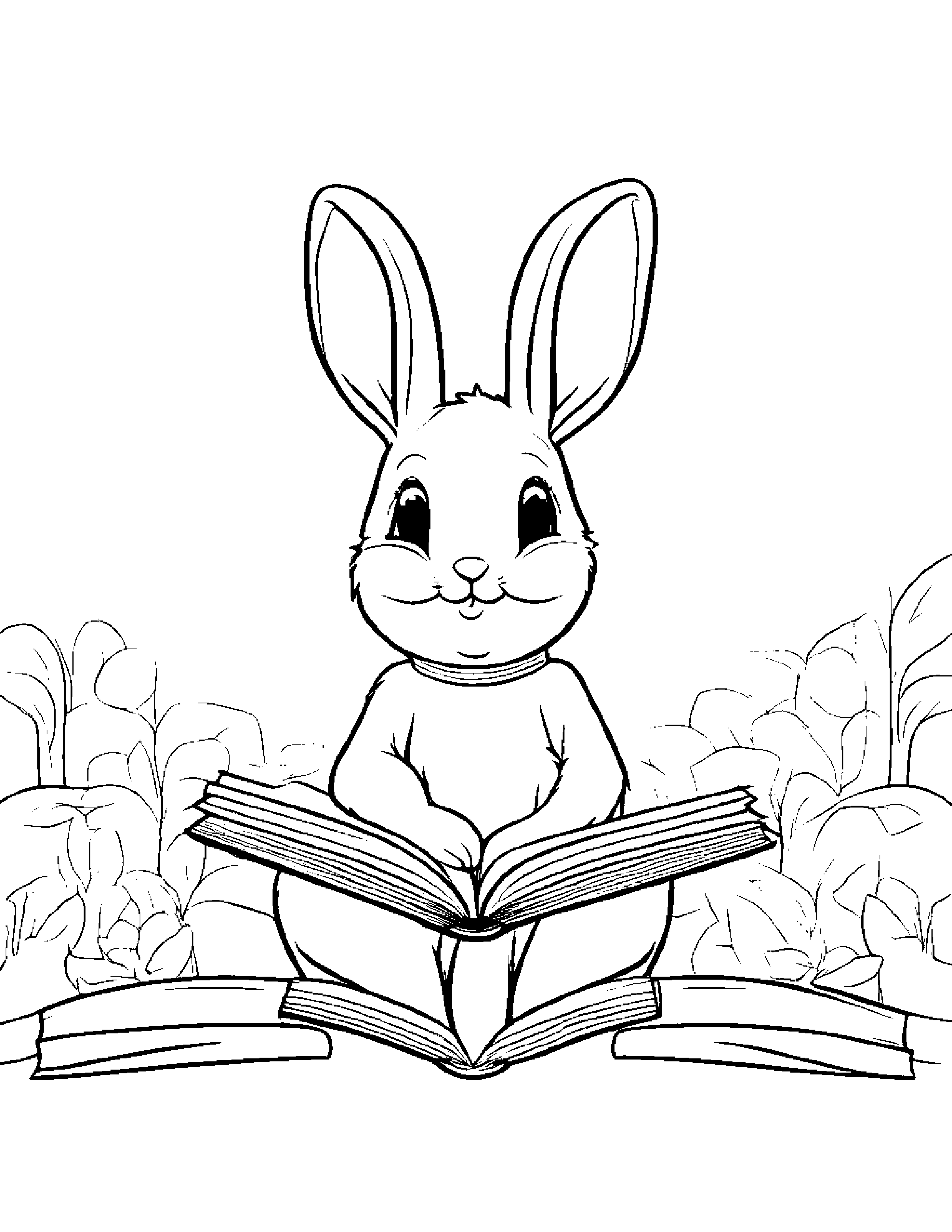 Smiling Bunny Reading A Book Coloring Page (Free Printable PDF)