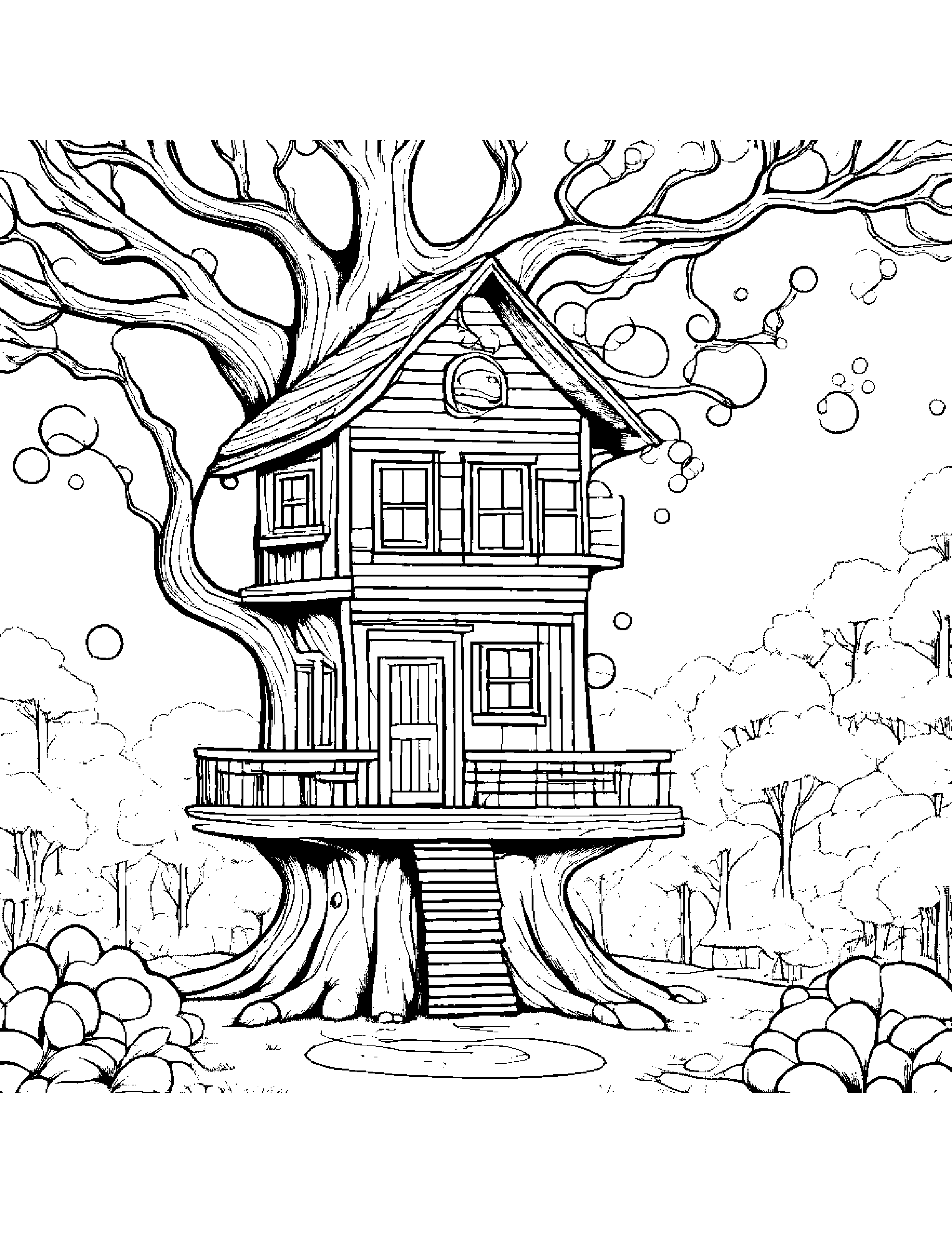 Treehouse Blowing Bubbles Coloring Page (Free Printable PDF)