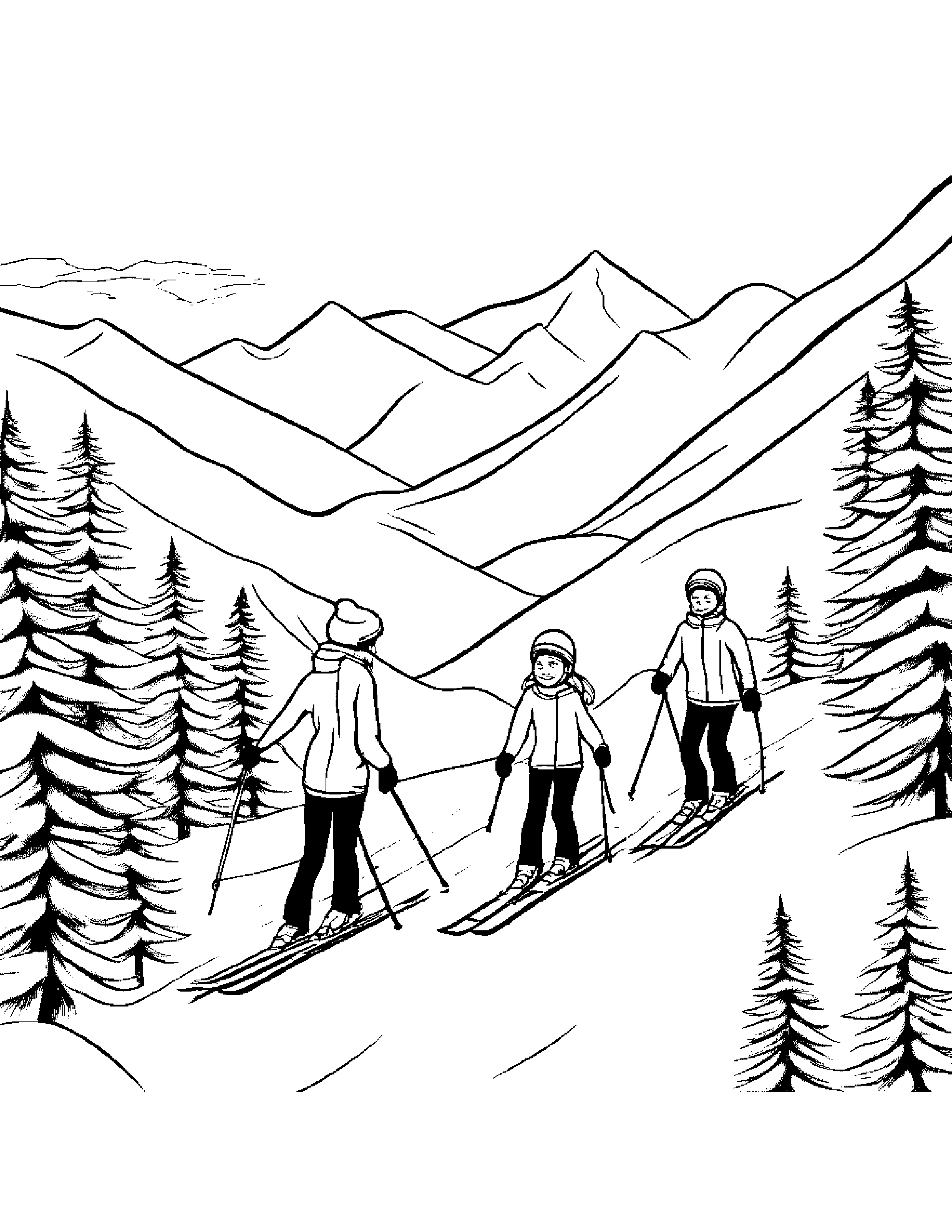 A Family Skiing Down The Snowy Slopes On A Winter Wonderland Christmas Morning Coloring Page (Free Printable PDF)