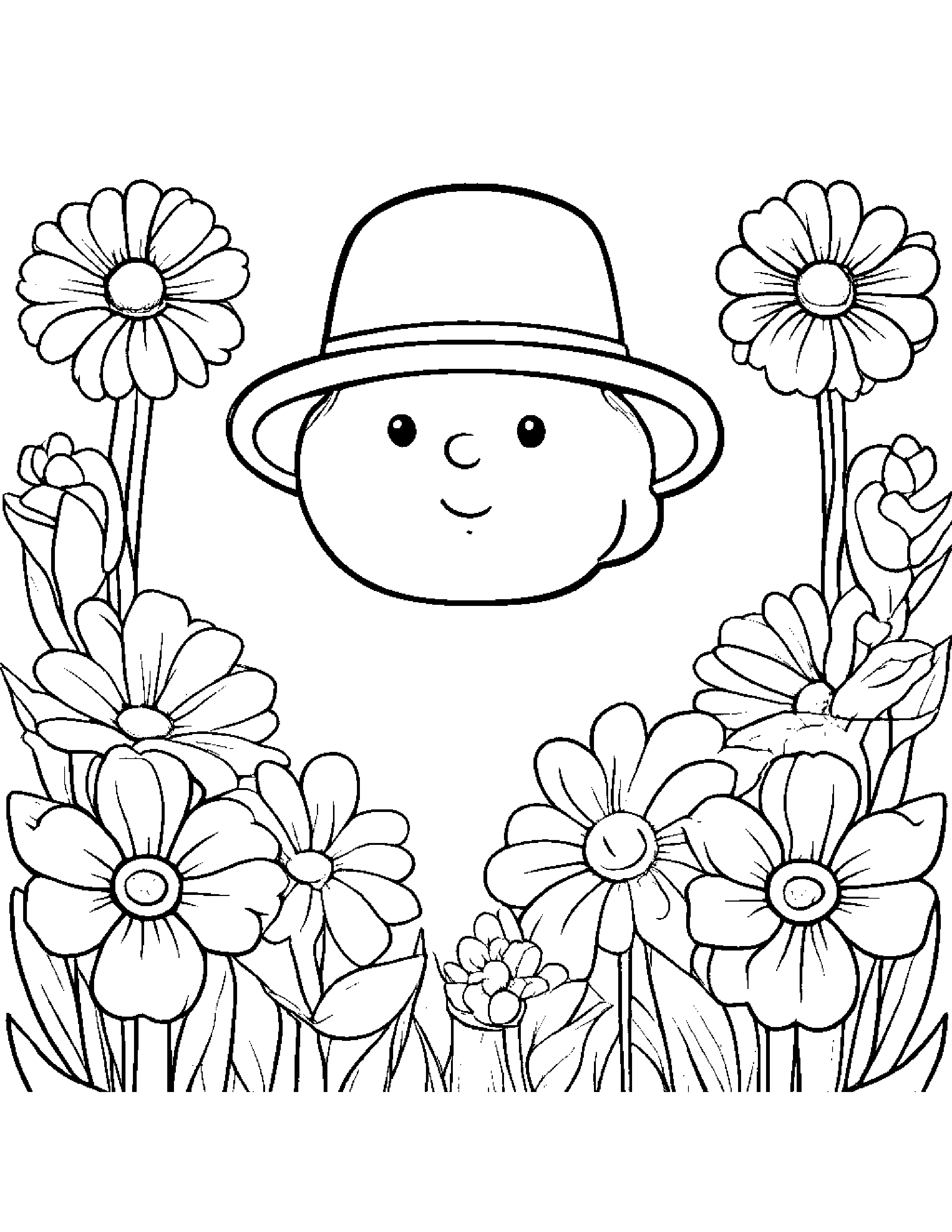 Spring Flowers Wearing A Hat Coloring Page (Free Printable PDF)