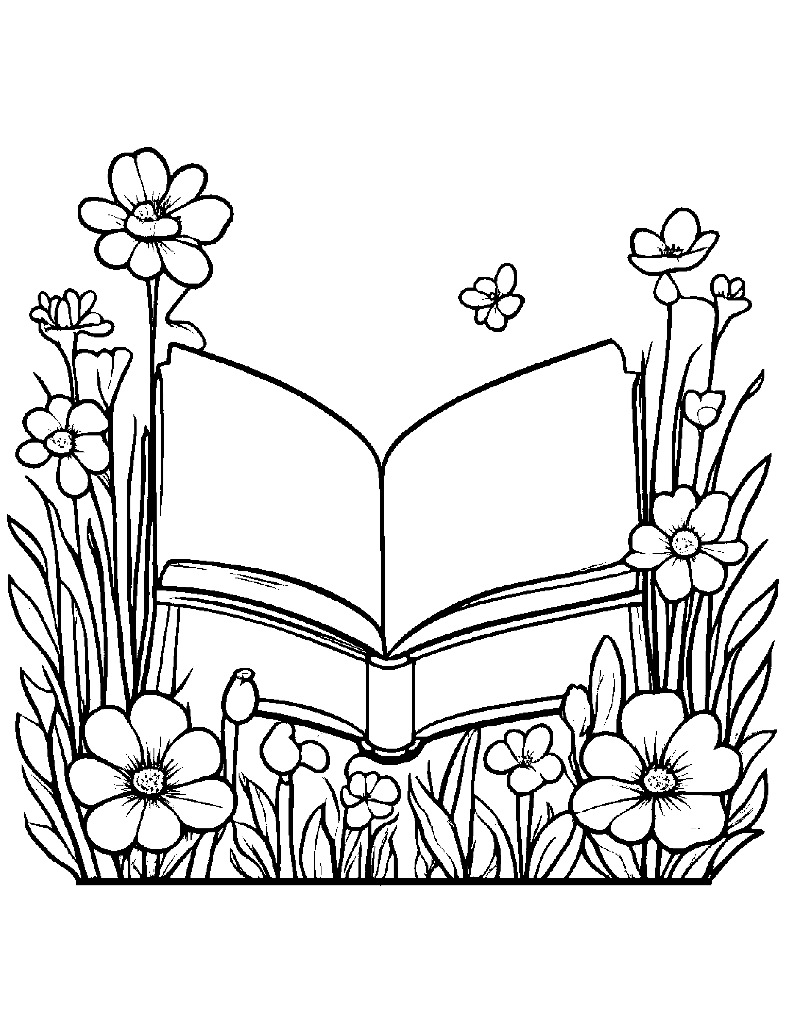 Tiny Spring Flowers Reading A Book #2 Coloring Page (Free Printable PDF)
