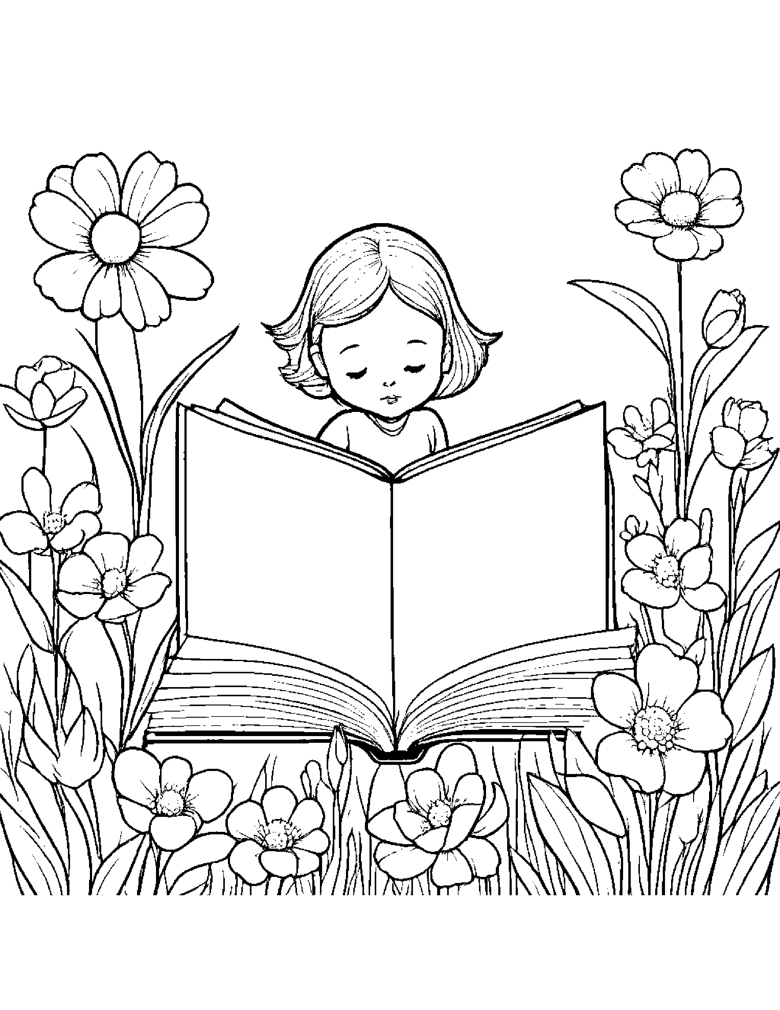 Tiny Spring Flowers Reading A Book Coloring Page (Free Printable PDF)