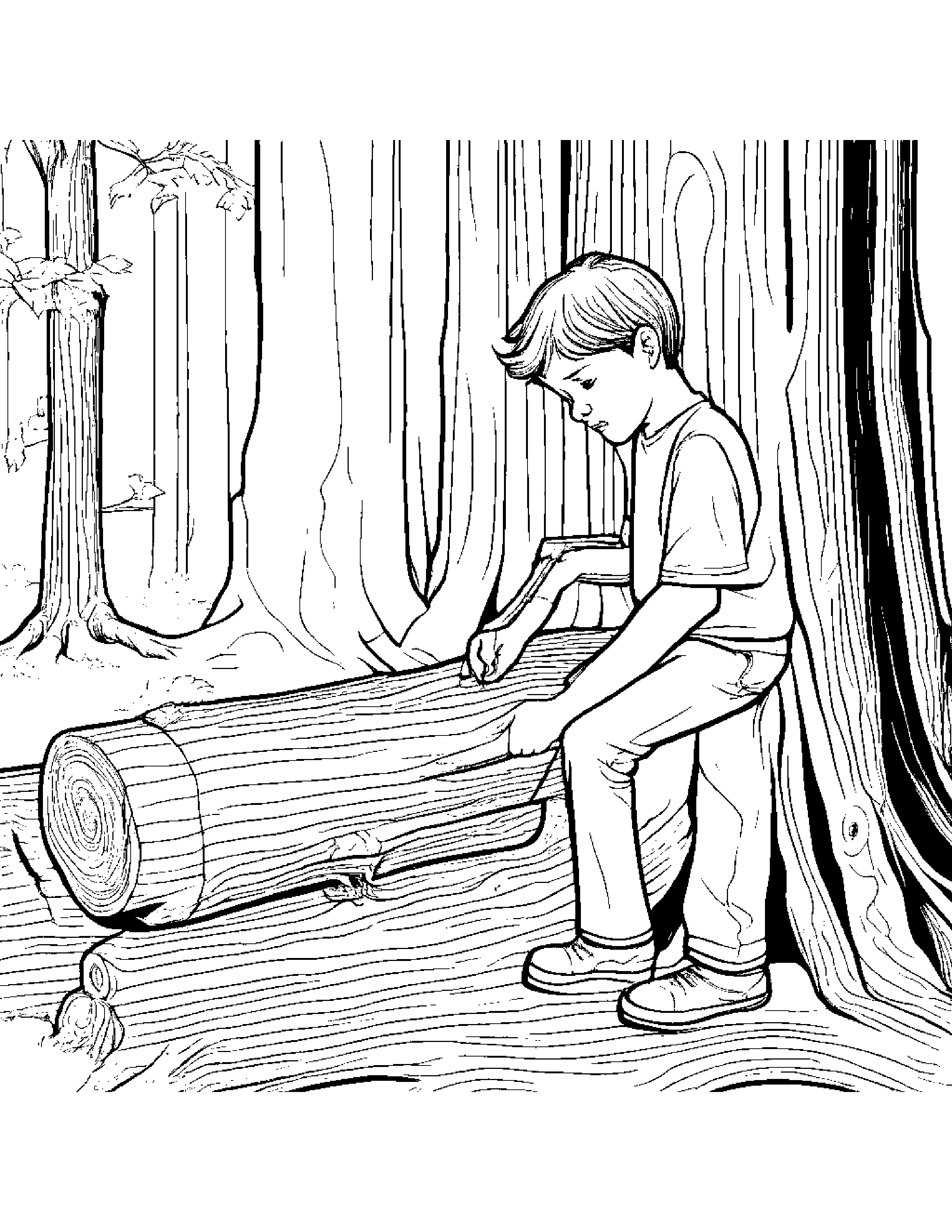 A Boy Carving His Name Into A Tree Trunk With A Handmade Hunting Knife Coloring Page (Free Printable PDF)